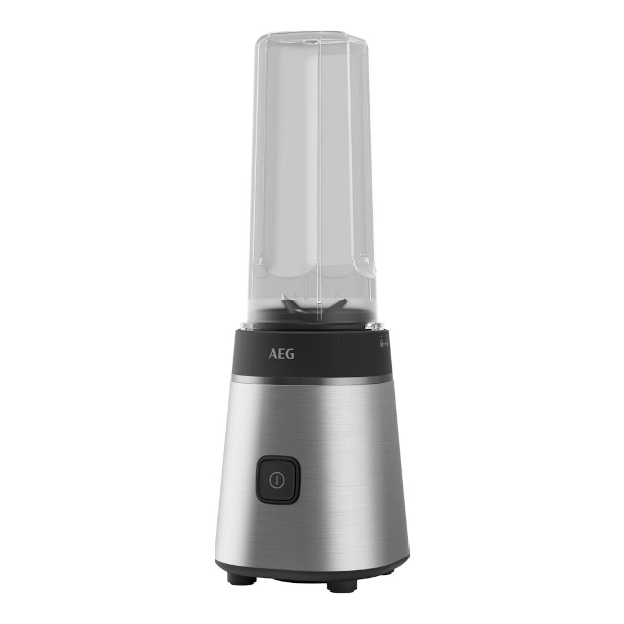 Batidora de vaso AEG SB3-1-2ST, vista frontal, cuerpo inox y jarra transparente.