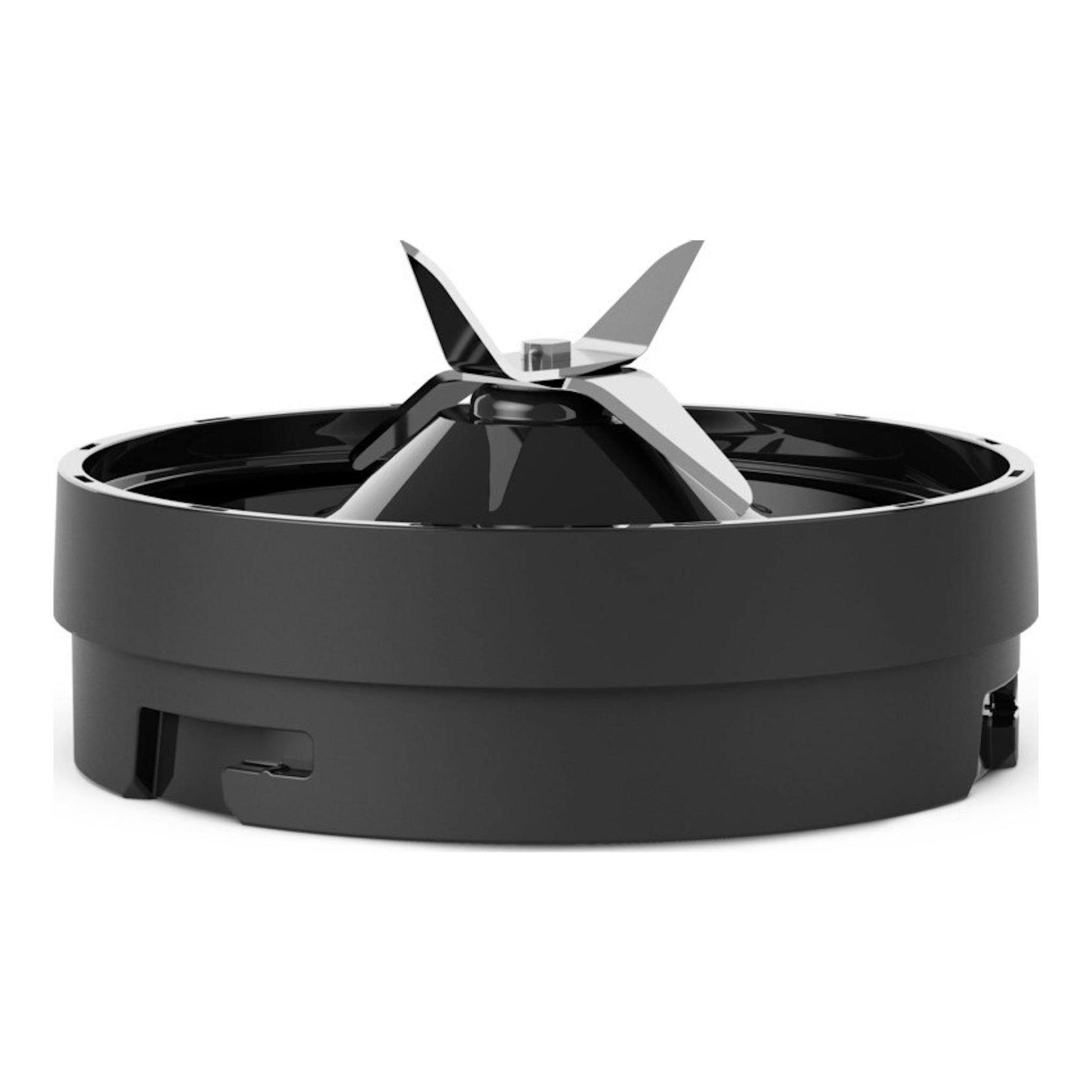Accesorio de batidora de vaso negro con cuchillas de acero inoxidable, vista frontal.