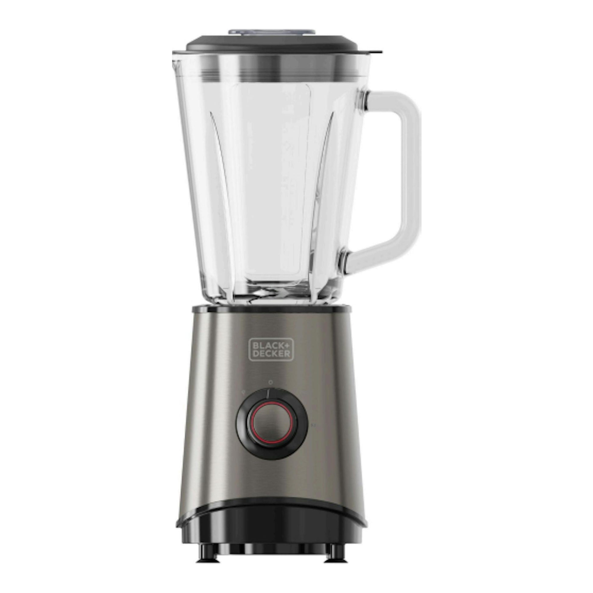 Batidora de vaso Black+Decker BXJB800E, vista frontal, jarra de vidrio transparente y base plateada y negra.