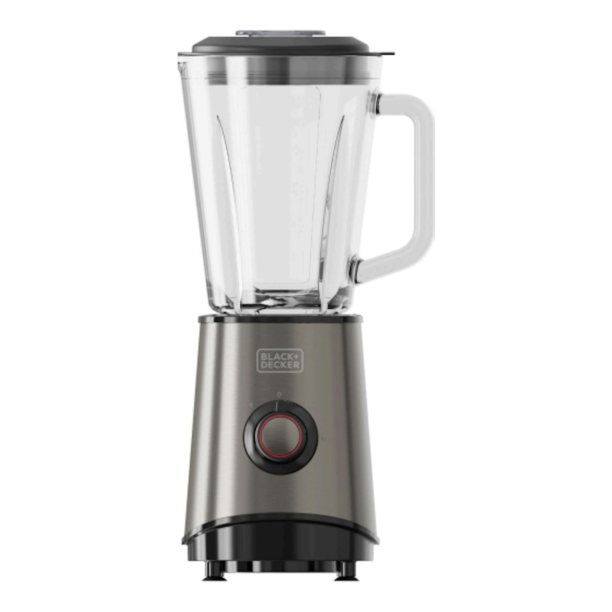 Batidora de vaso Black+Decker BXJB800E, vista frontal, jarra de vidrio transparente y base plateada y negra.