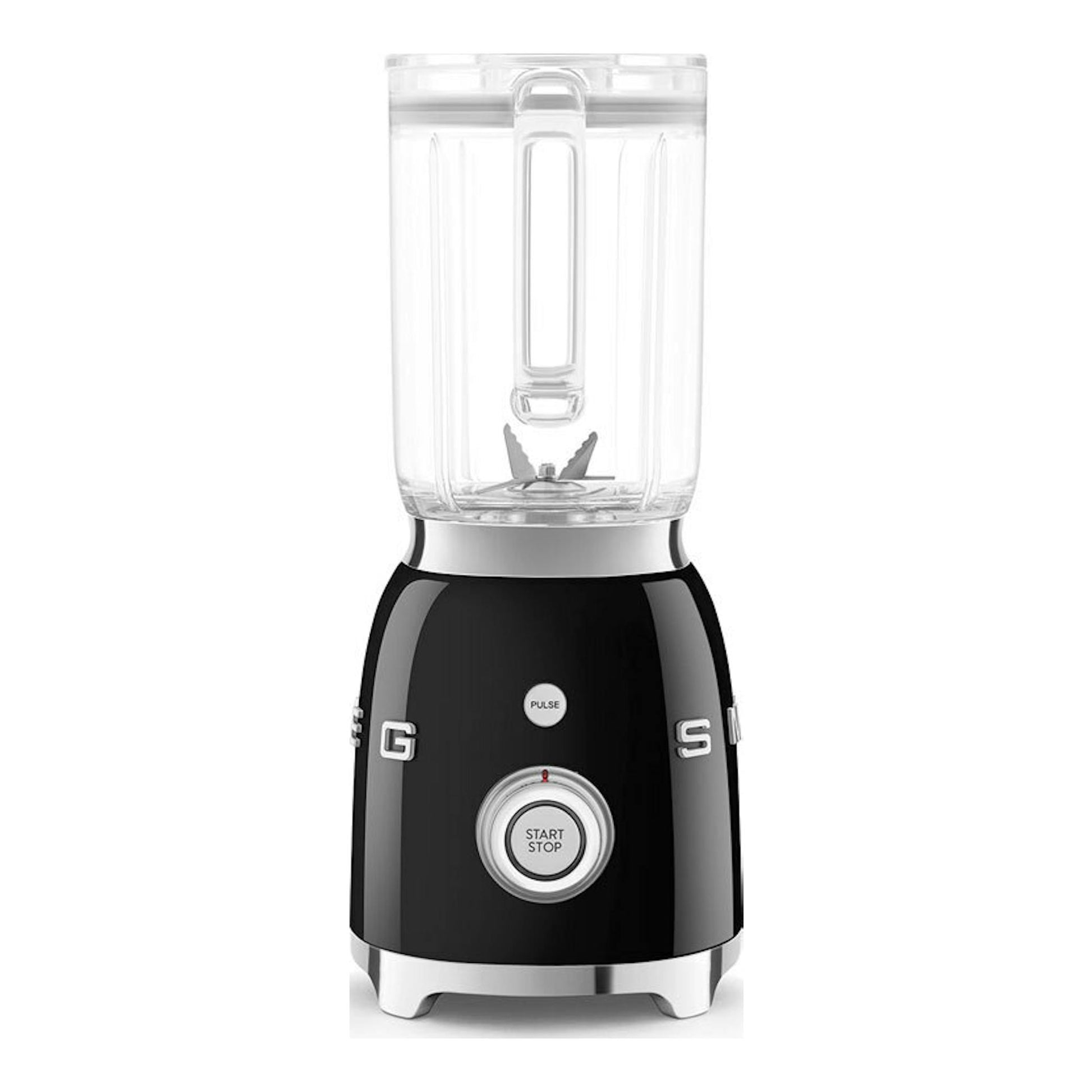 Batidora de vaso Smeg BLF03BLEU negra, vista frontal, con jarra transparente y base negra brillante.