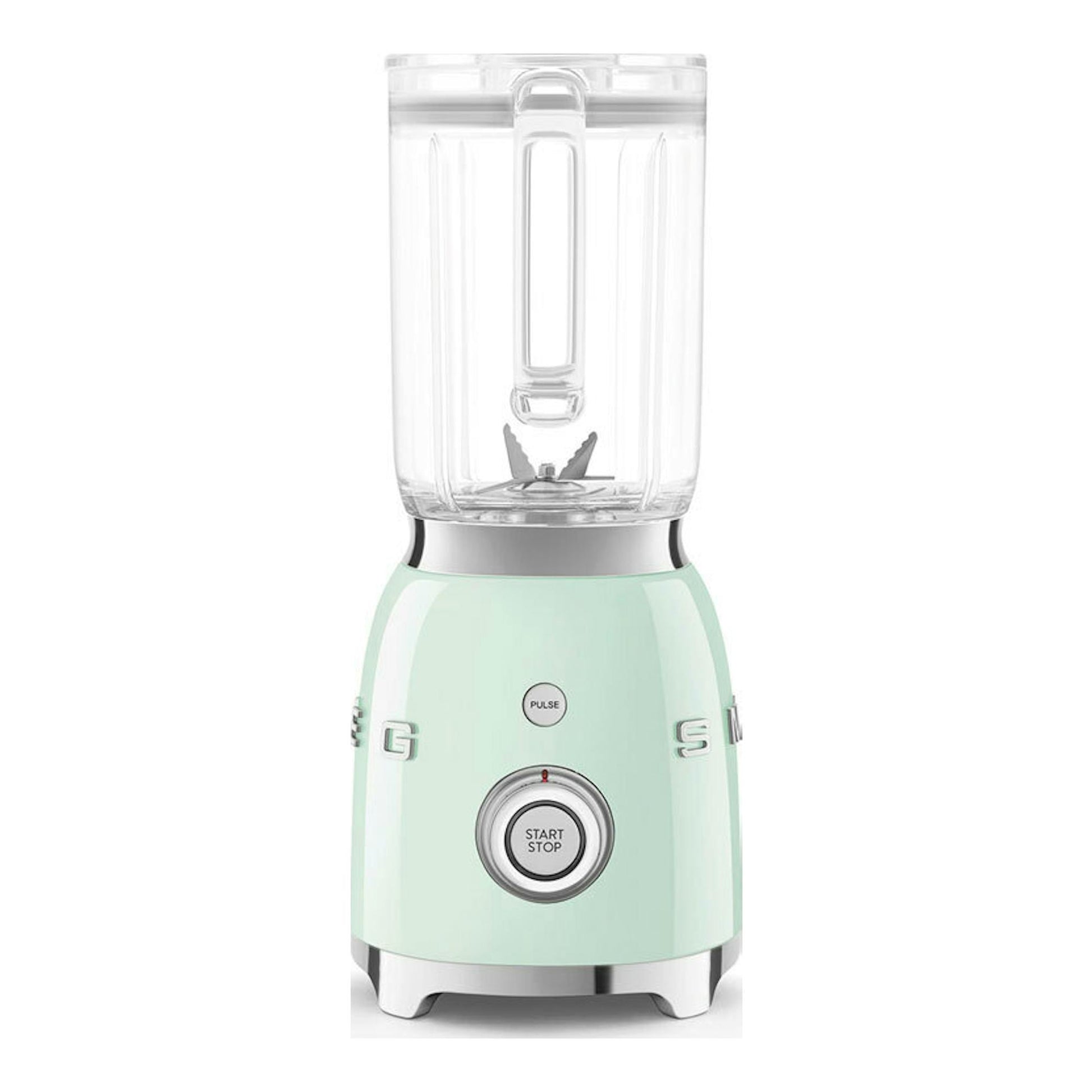 Batidora de vaso Smeg BLF03PGEU verde menta, vista frontal, con jarra transparente y botones Pulse/Start-Stop.