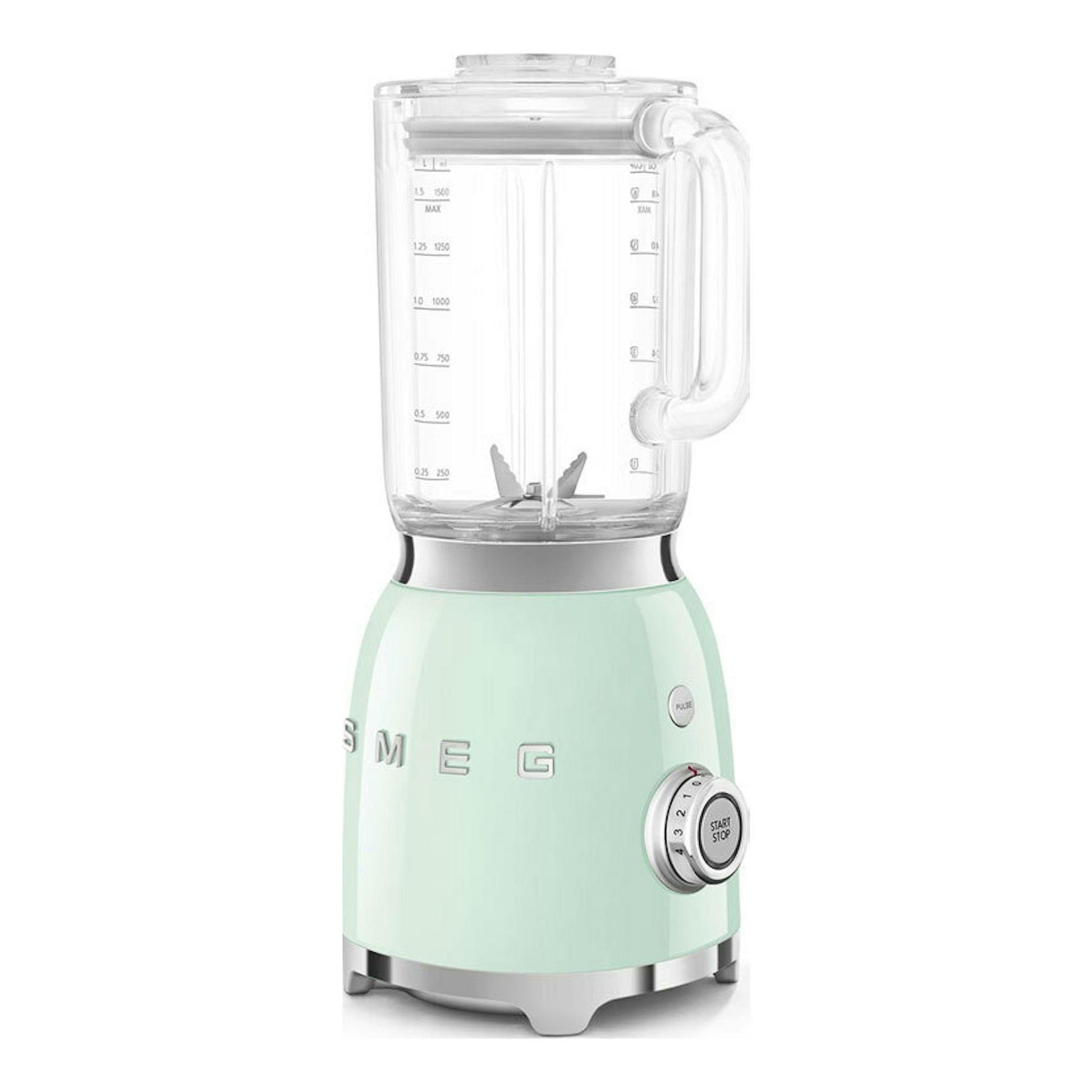 Batidora de vaso Smeg BLF03PGEU verde menta, vista frontal con jarra transparente y selector lateral.