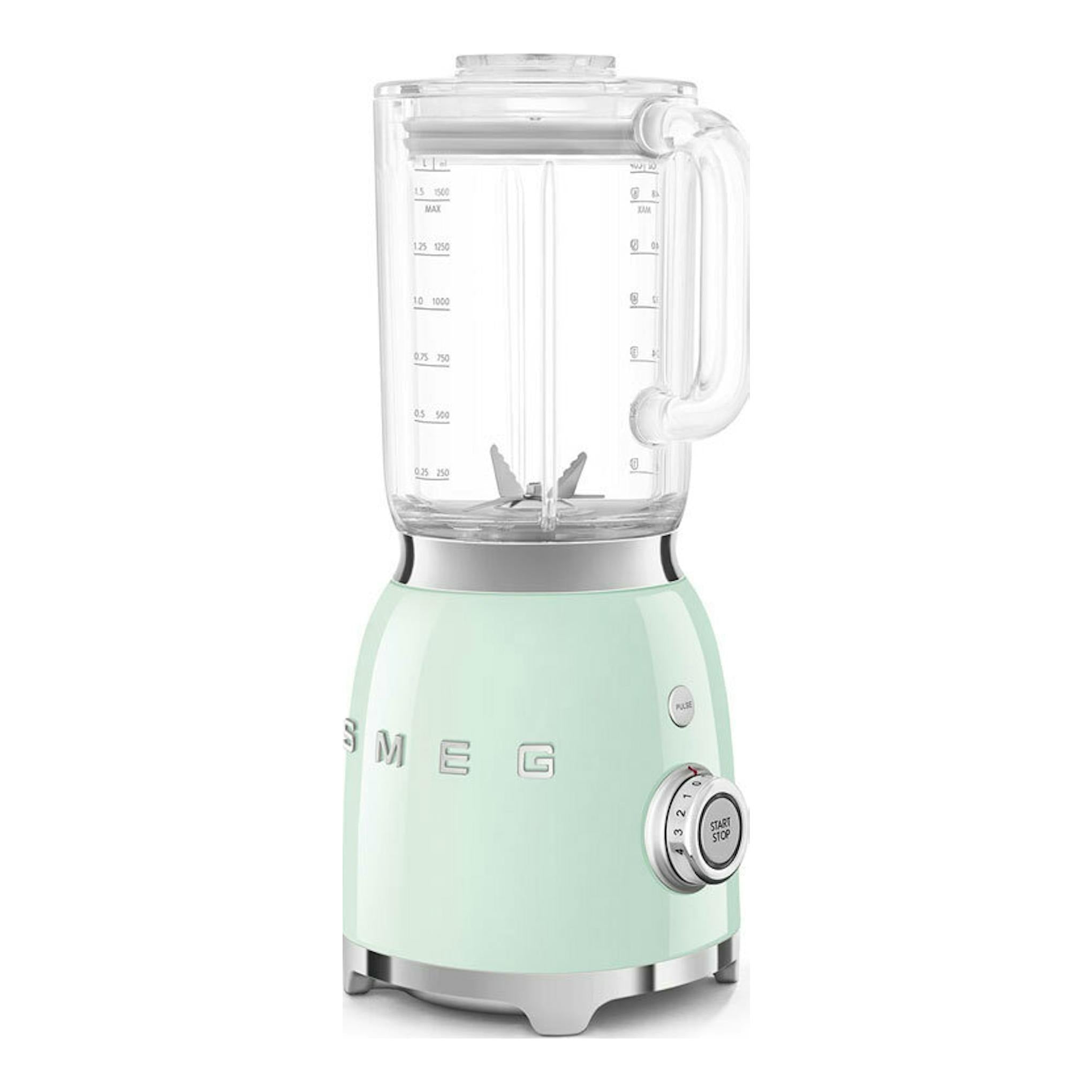 Batidora de vaso Smeg BLF03PGEU verde menta, vista frontal con jarra transparente y selector lateral.