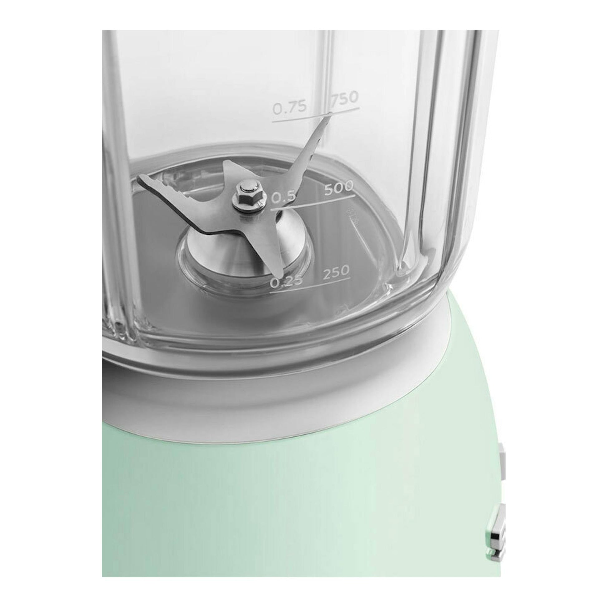 Batidora de vaso Smeg BLF03PGEU verde menta, primer plano del vaso y la base.