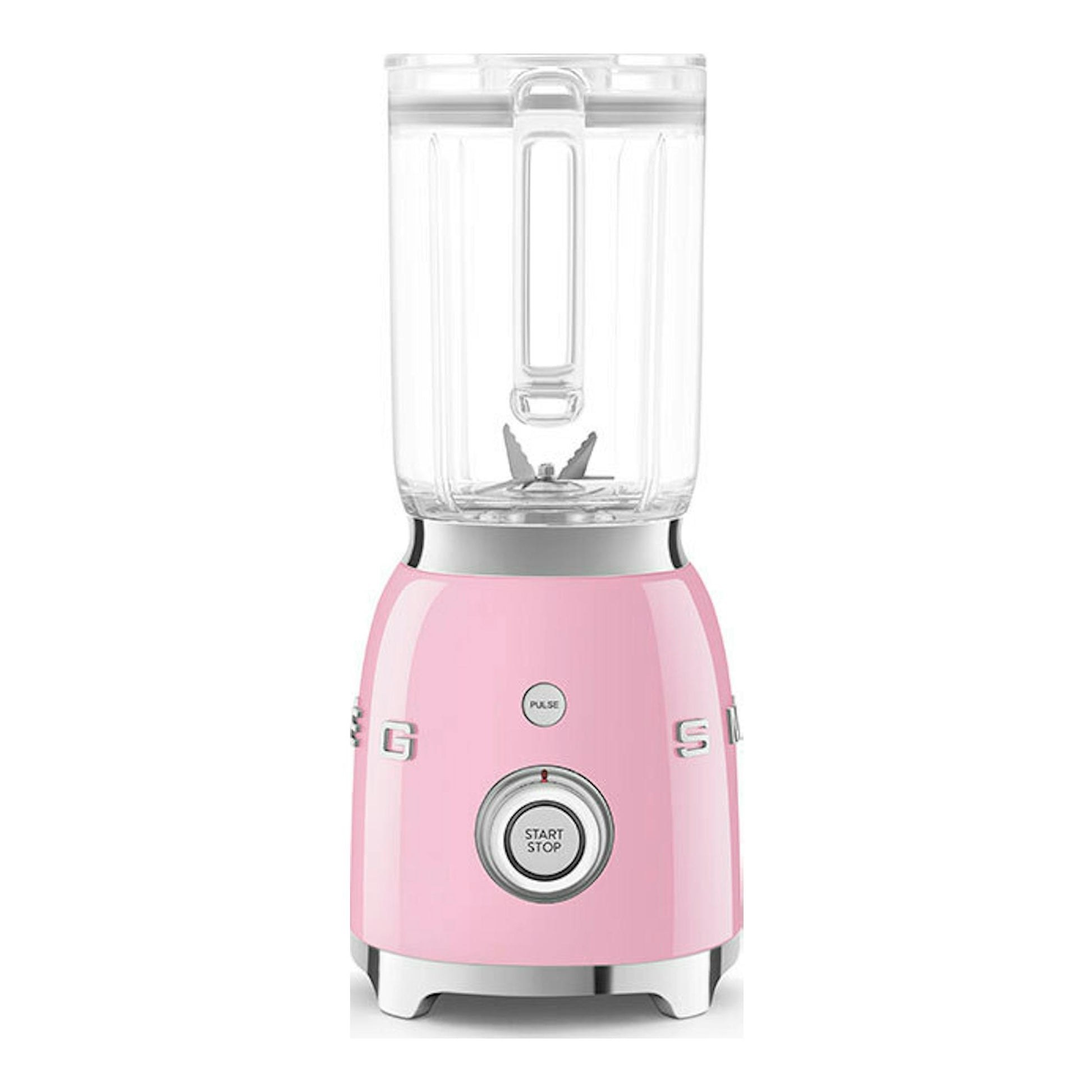 Batidora de vaso Smeg BLF03PKEU rosa, vista frontal, con jarra transparente y base metálica.