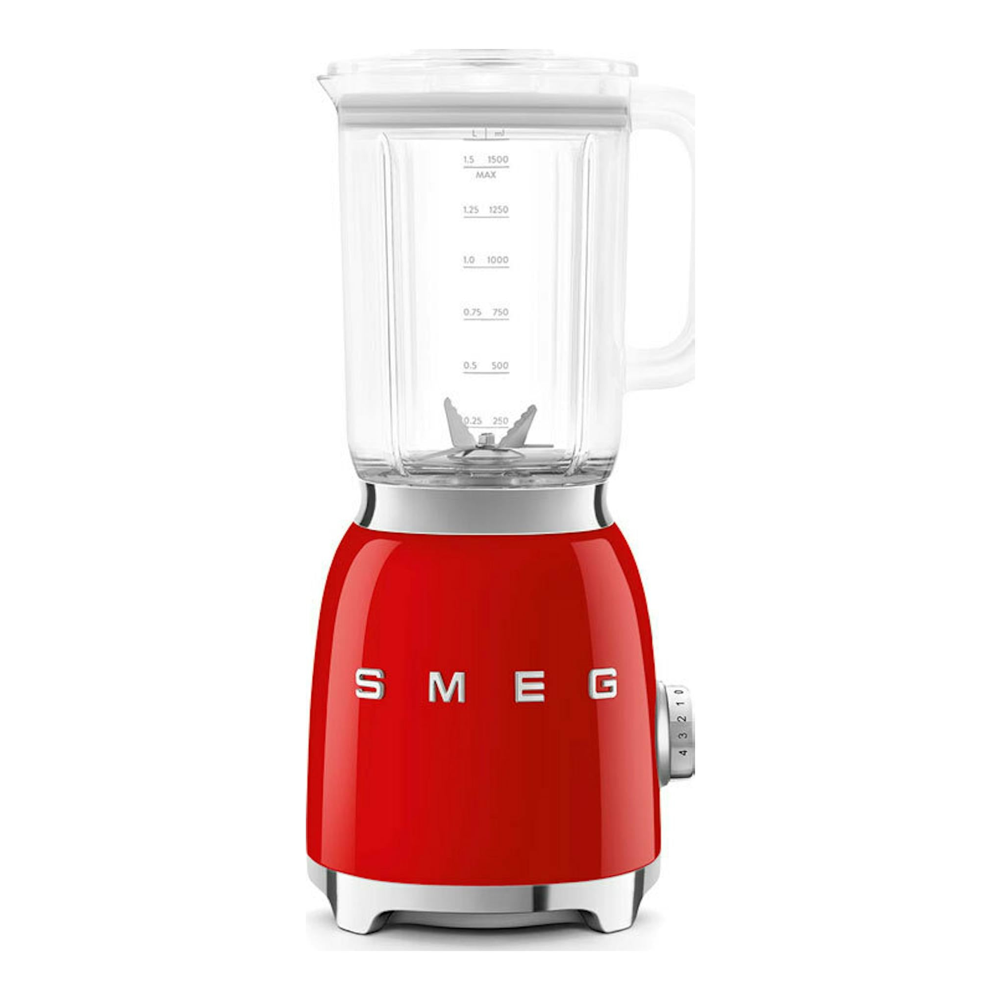 Batidora de vaso Smeg BLF03RDEU roja, vista frontal, con jarra transparente y base roja.