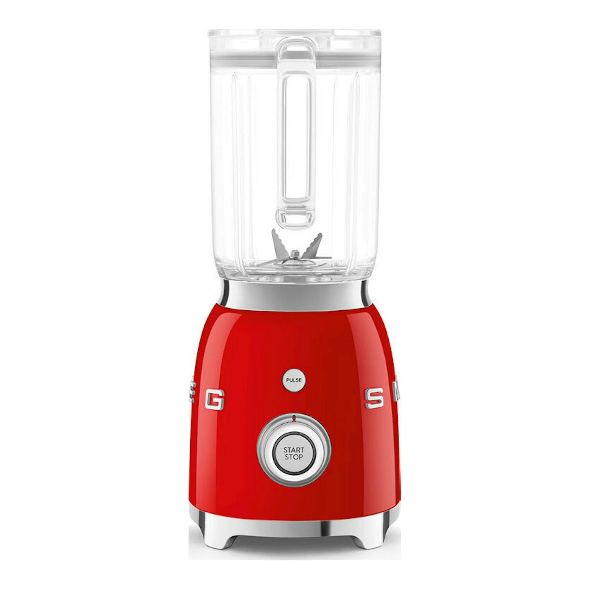 Batidora de vaso Smeg BLF03RDEU roja, vista frontal, con jarra transparente y base roja.