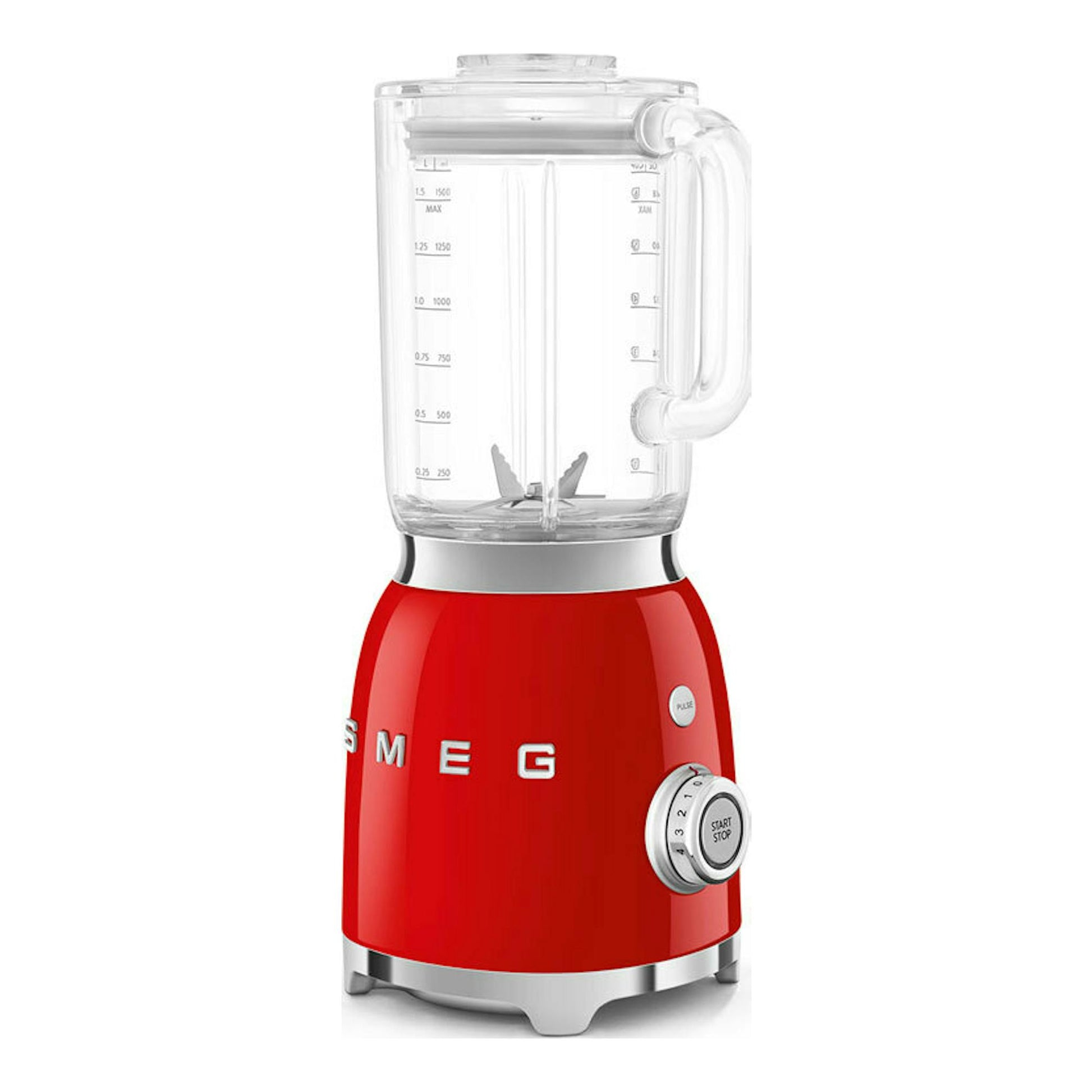 Batidora de vaso Smeg BLF03RDEU roja, vista frontal, con jarra transparente y base metálica.