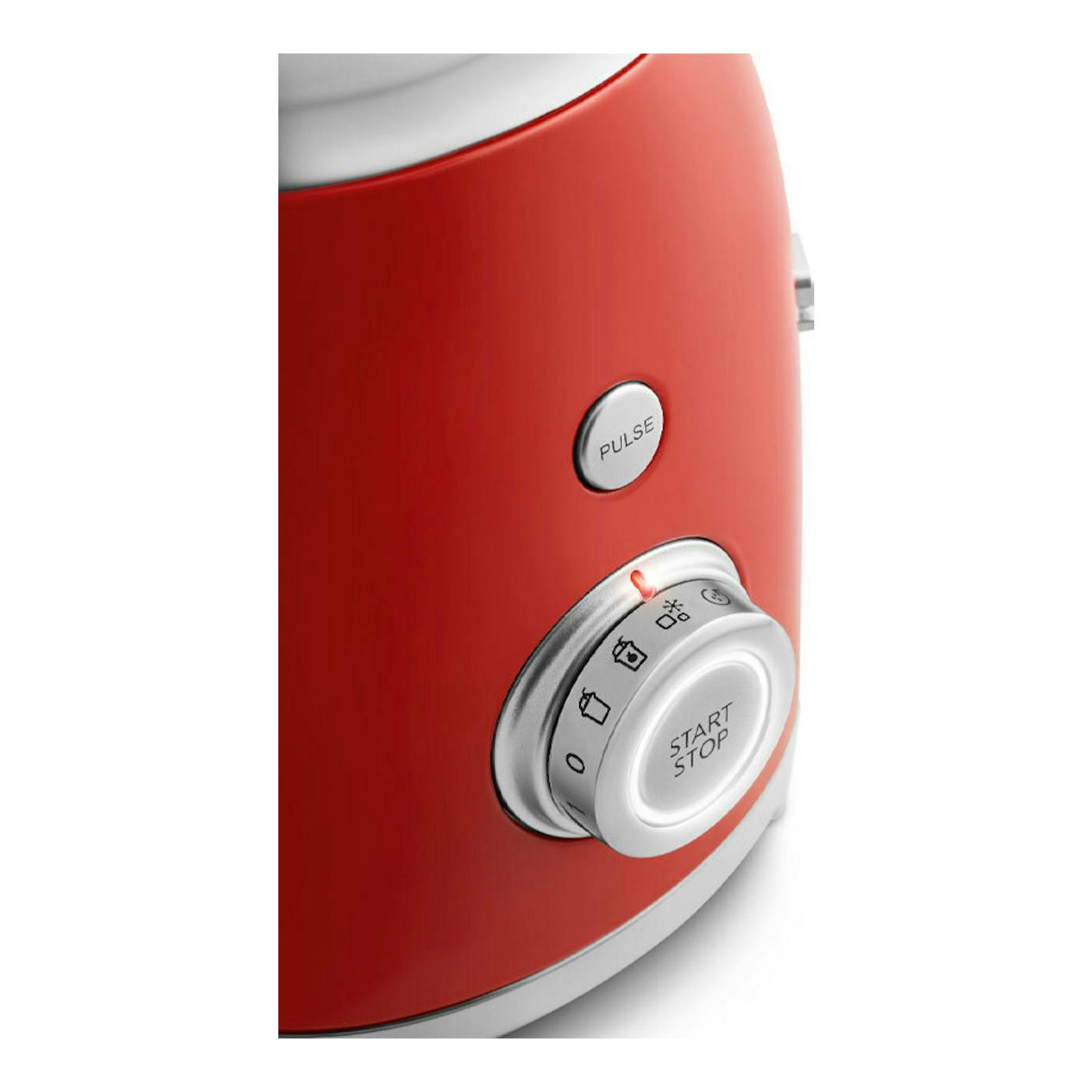 Batidora de vaso Smeg BLF03RDEU roja, vista en primer plano del panel con botón PULSE y selector START/STOP.