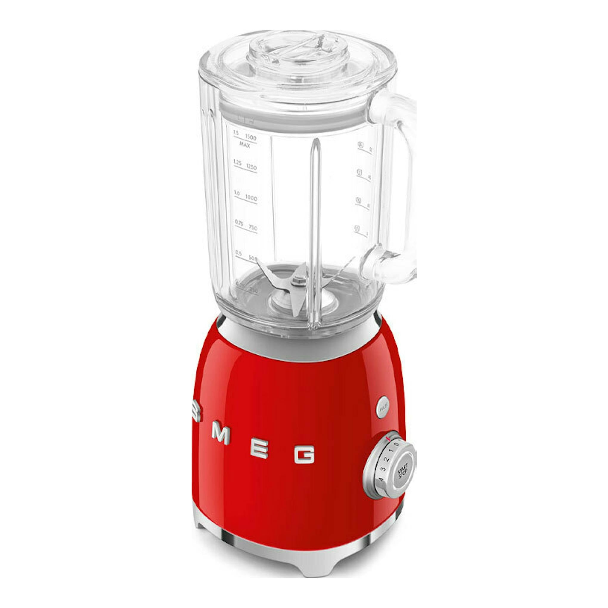 Batidora de vaso Smeg BLF03RDEU roja, vista frontal, con jarra transparente.