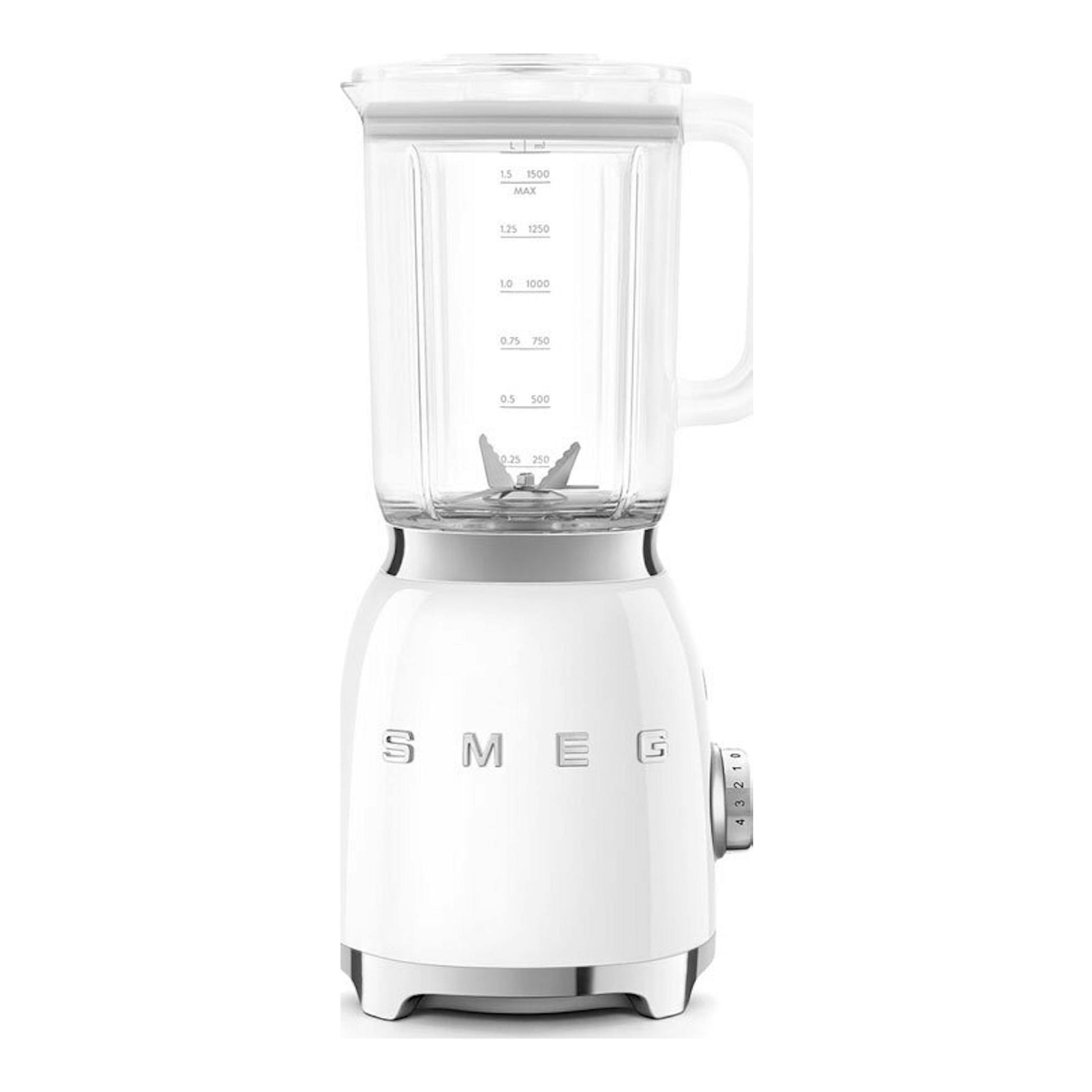 Batidora de vaso Smeg BLF03WHEU blanca, vista frontal, con jarra transparente y base blanca.