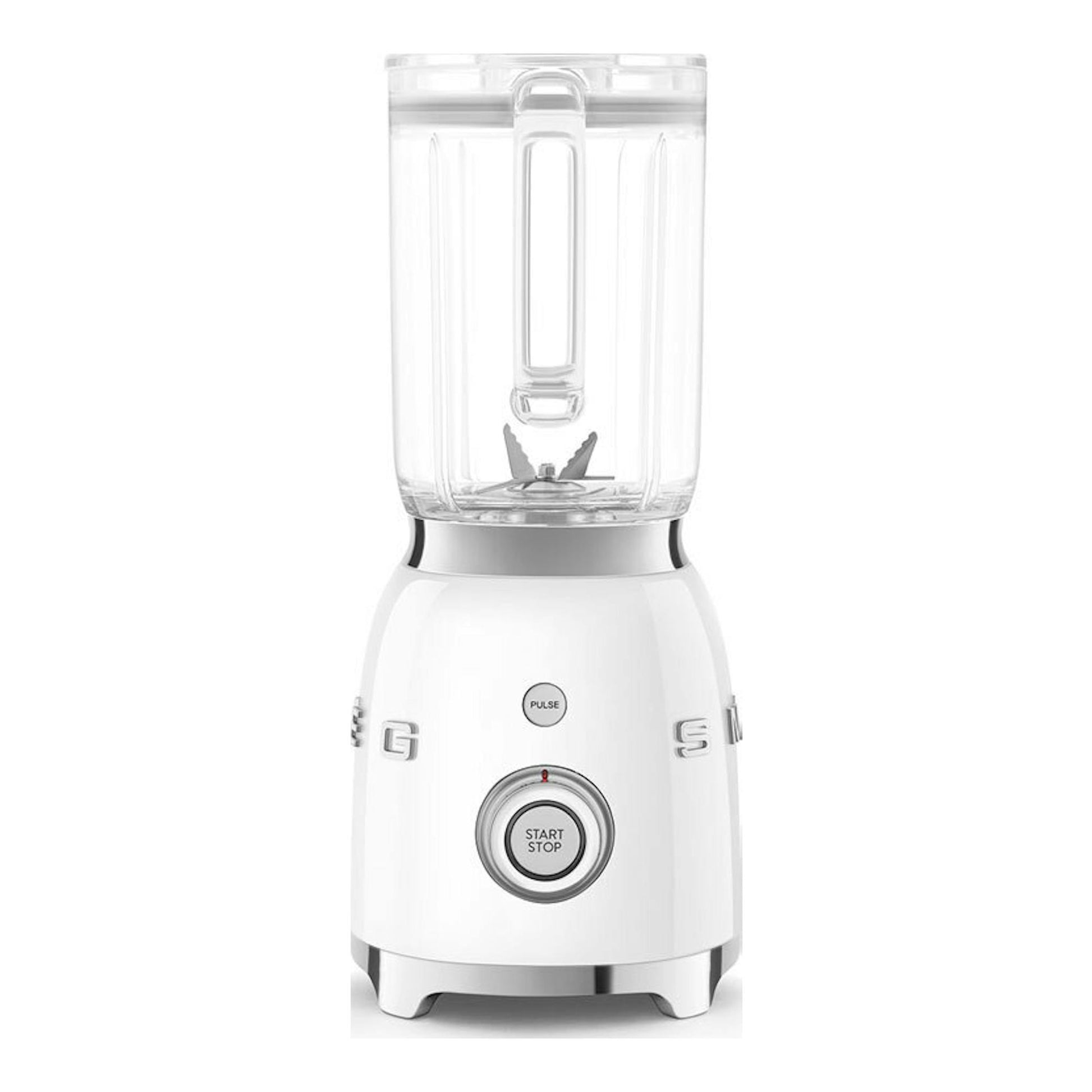 Batidora de vaso Smeg BLF03WHEU blanca, vista frontal, con jarra transparente y base blanca.
