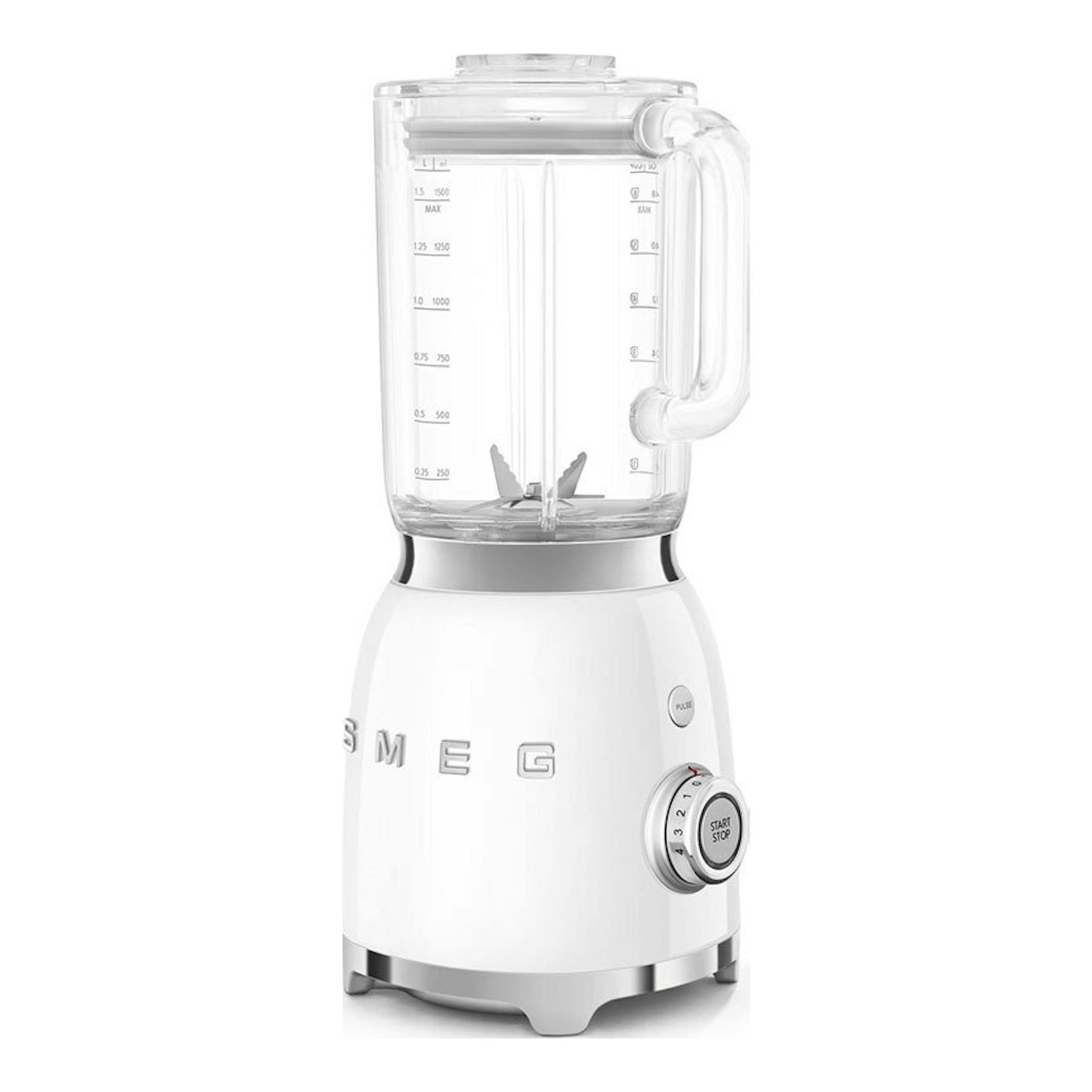 Batidora de vaso Smeg BLF03WHEU blanca, vista frontal, con jarra transparente y base blanca.