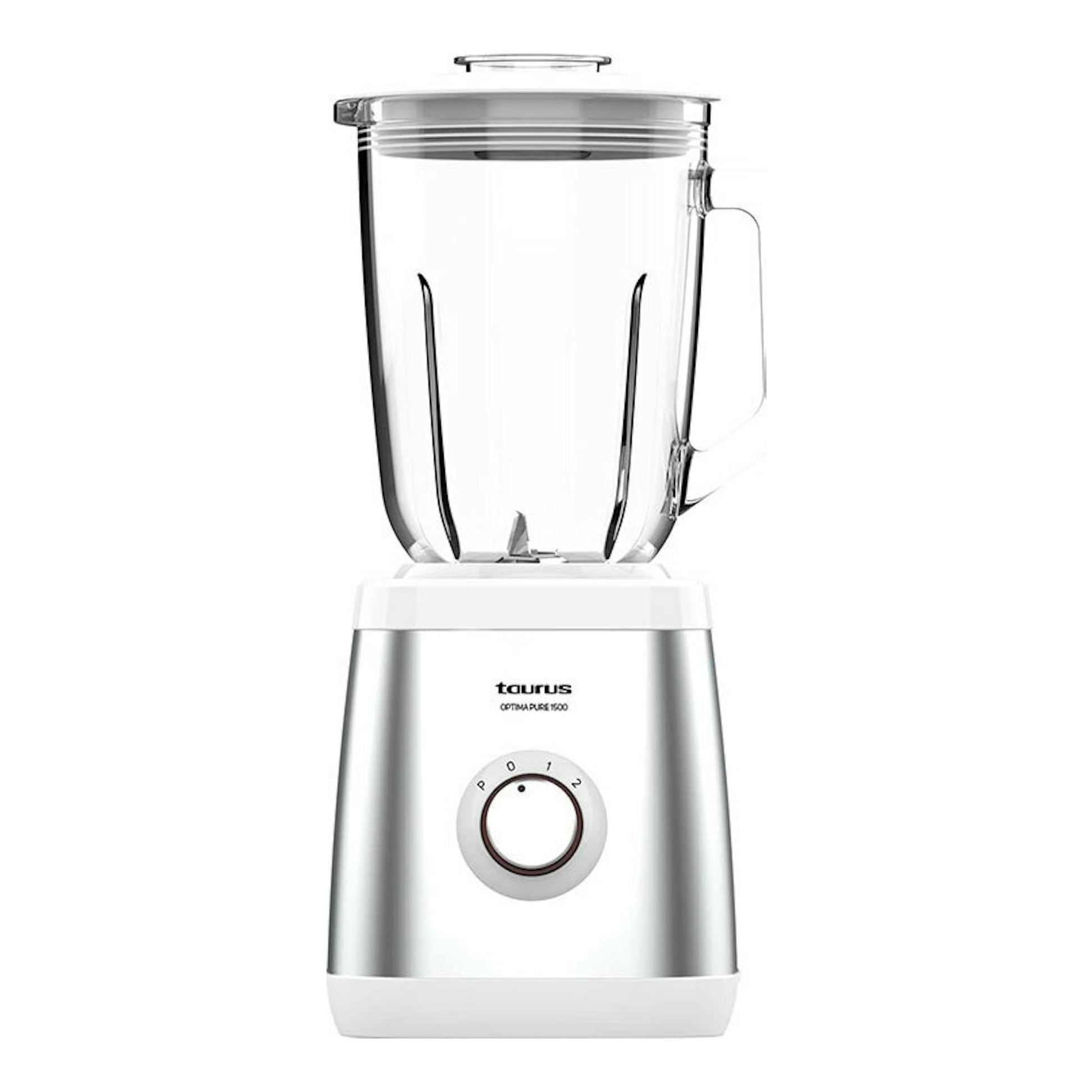 Batidora de vaso Taurus Optima Pure 1500, vista frontal, con jarra de vidrio y base blanca y plateada.