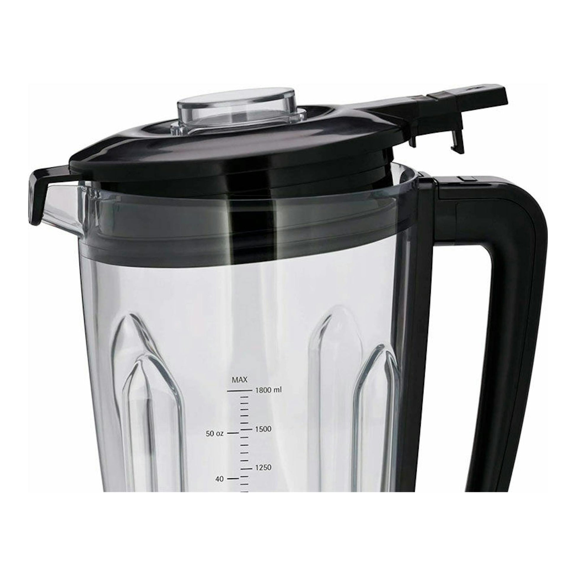 Batidora de vaso WMF KULT PRO negra, vista lateral, con jarra transparente y tapa negra.