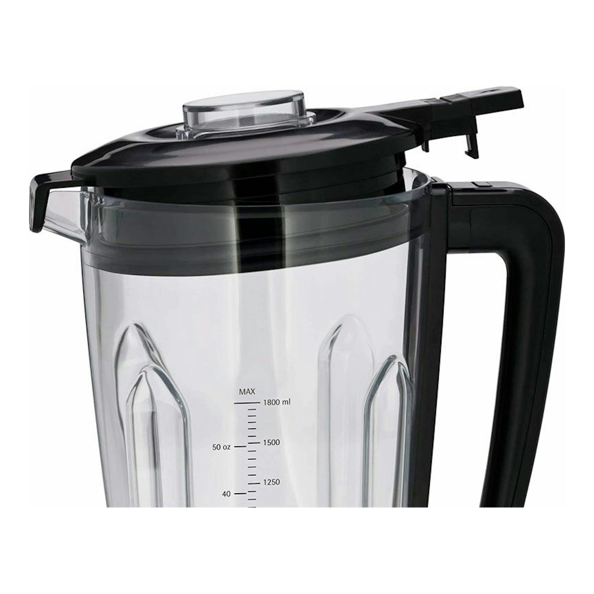 Batidora de vaso WMF KULT PRO negra, vista lateral, con jarra transparente y tapa negra.
