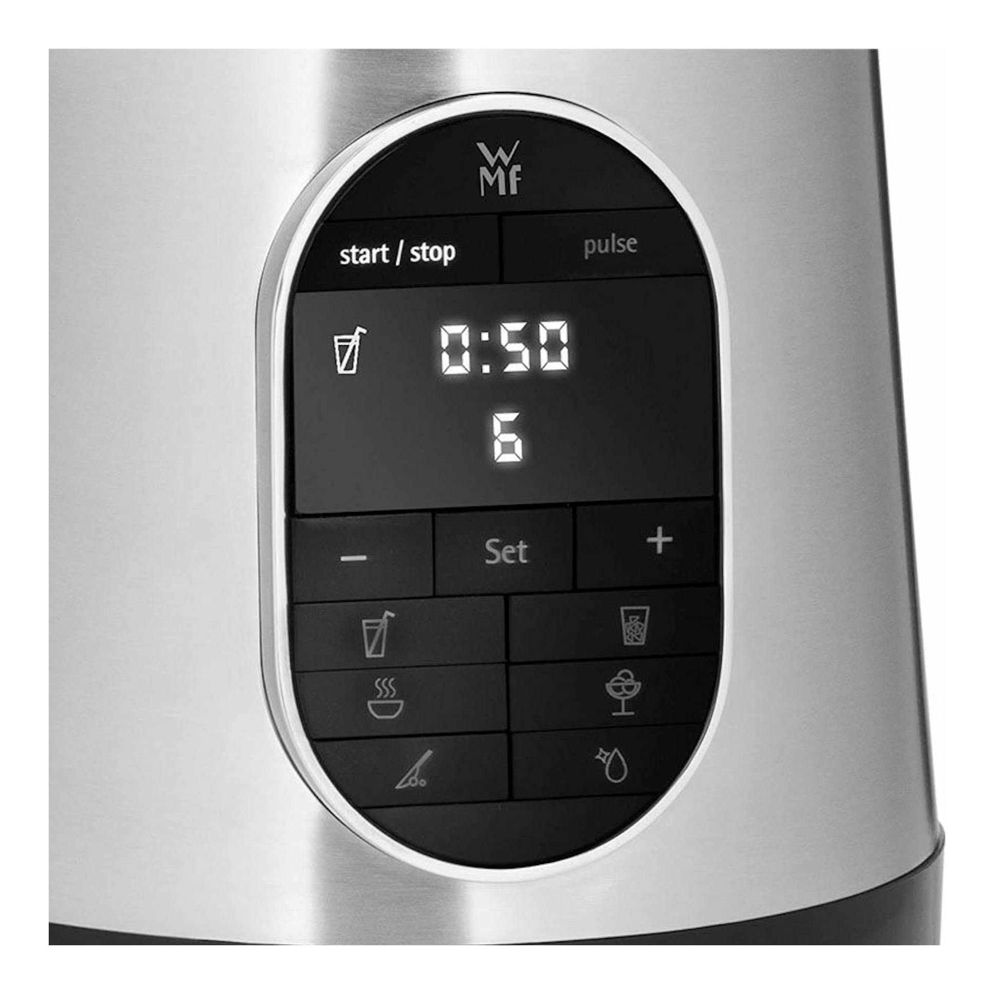 Primer plano frontal del panel de control de la batidora de vaso WMF KULT PRO, con pantalla digital y botones negros.