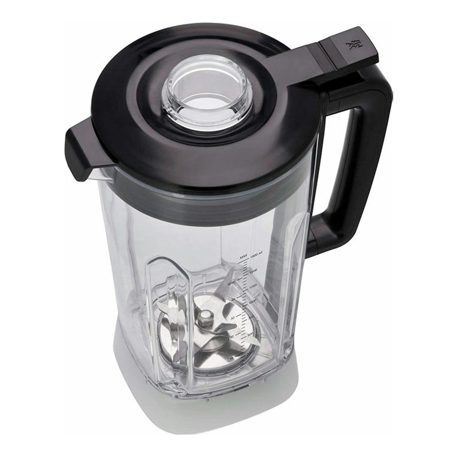 Batidora de vaso WMF KULT PRO, vista en ángulo superior, jarra transparente con tapa y asa negras.
