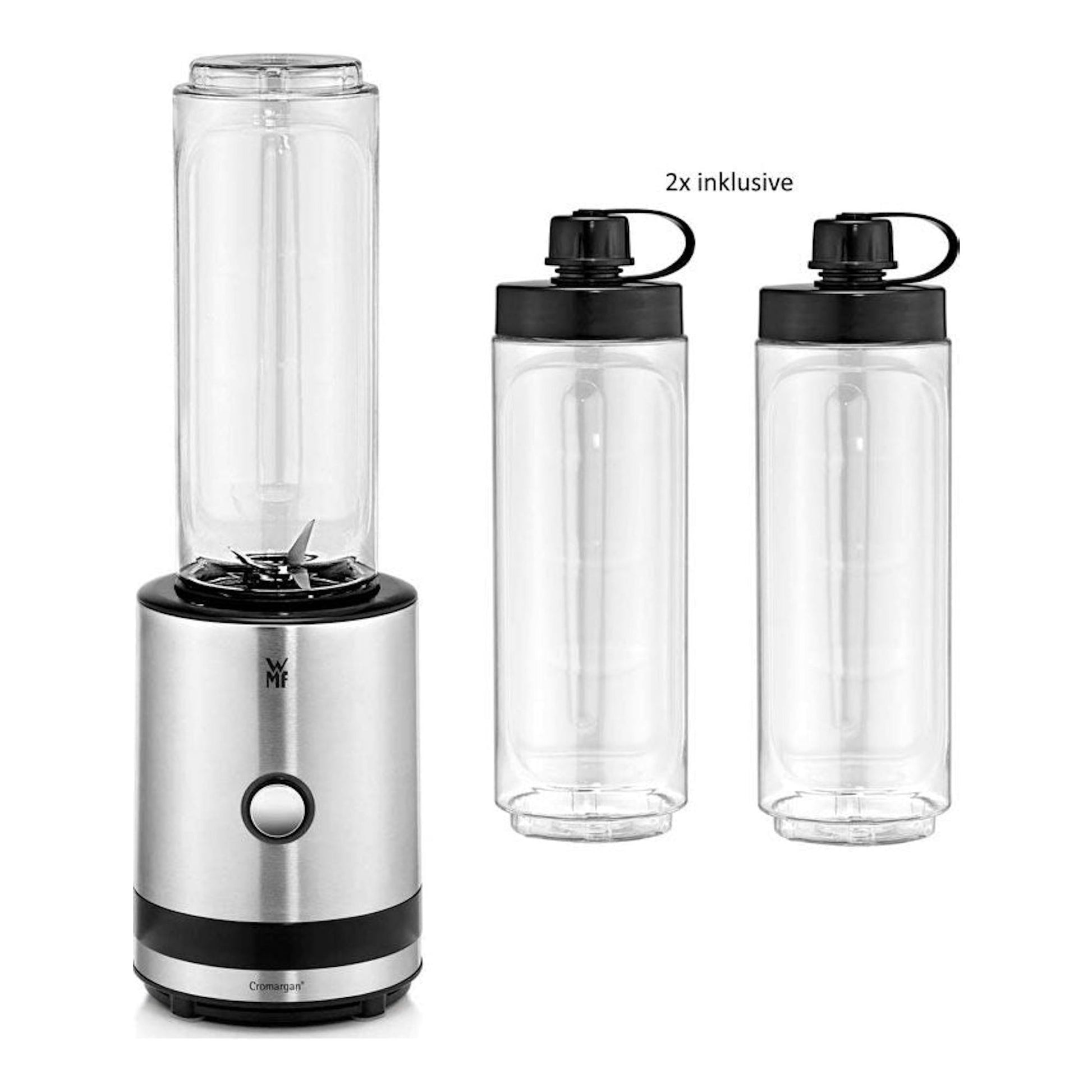 Batidora de vaso WMF Smoothie-to-go plateada, vista frontal, con vaso principal y 2 botellas.