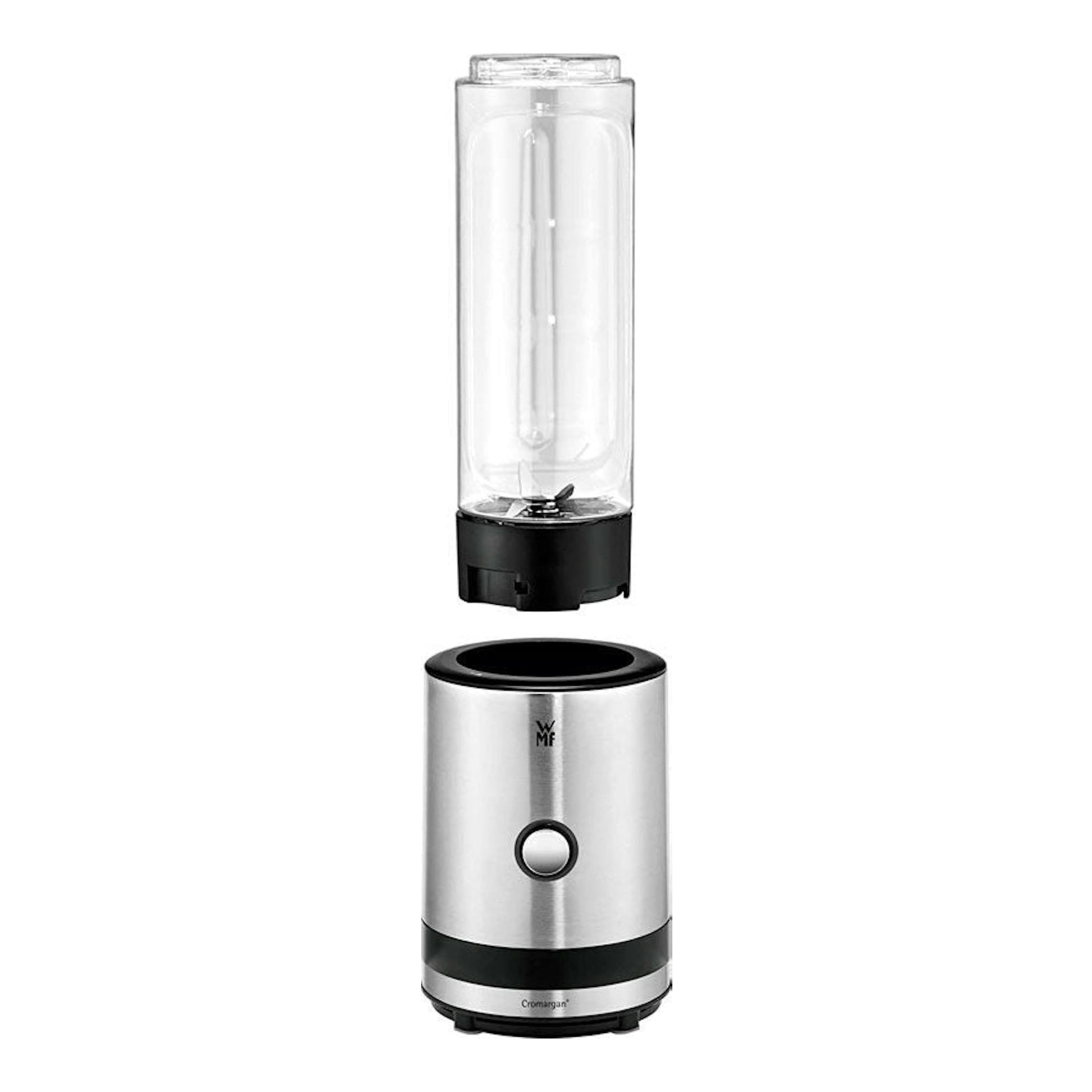 Batidora de vaso WMF Smoothie-to-go, vista frontal, con vaso transparente y base de acero inoxidable.