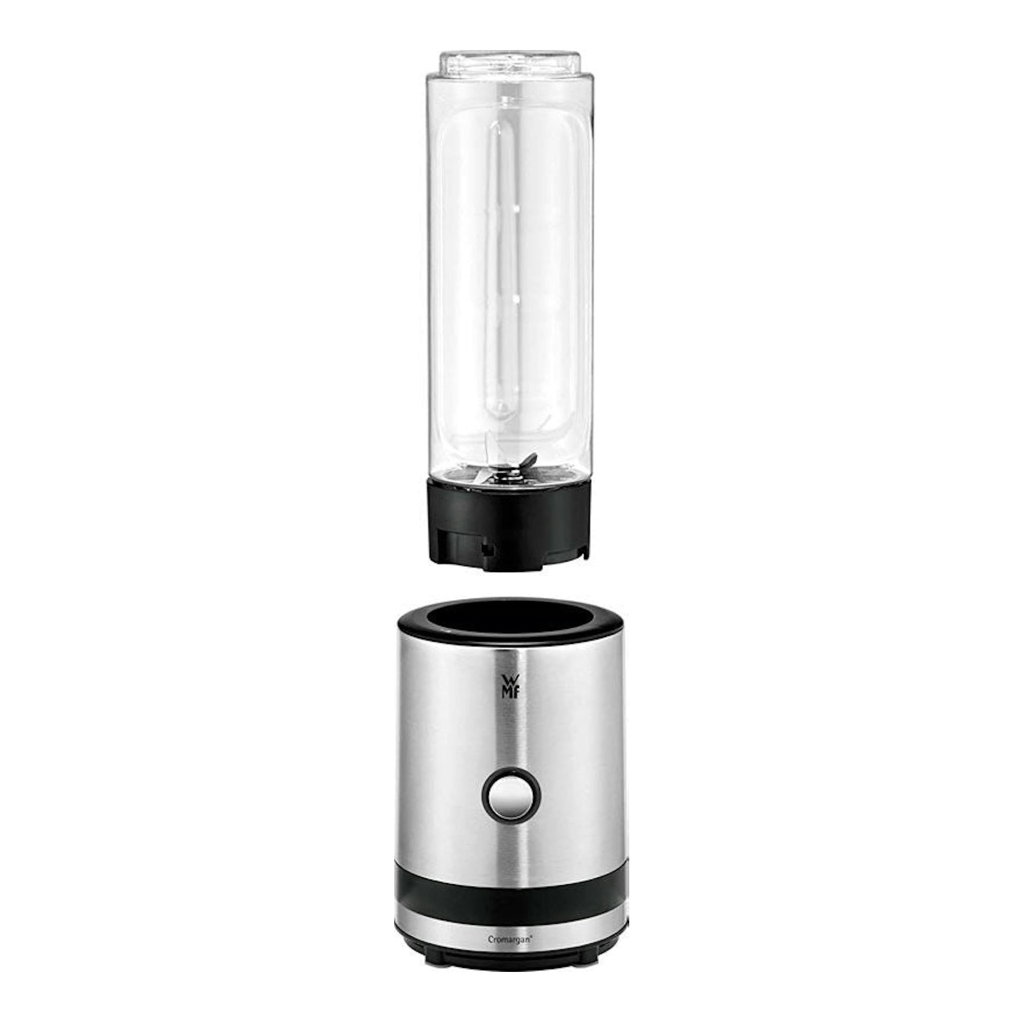 Batidora de vaso WMF Smoothie-to-go, vista frontal, con vaso transparente y base de acero inoxidable.