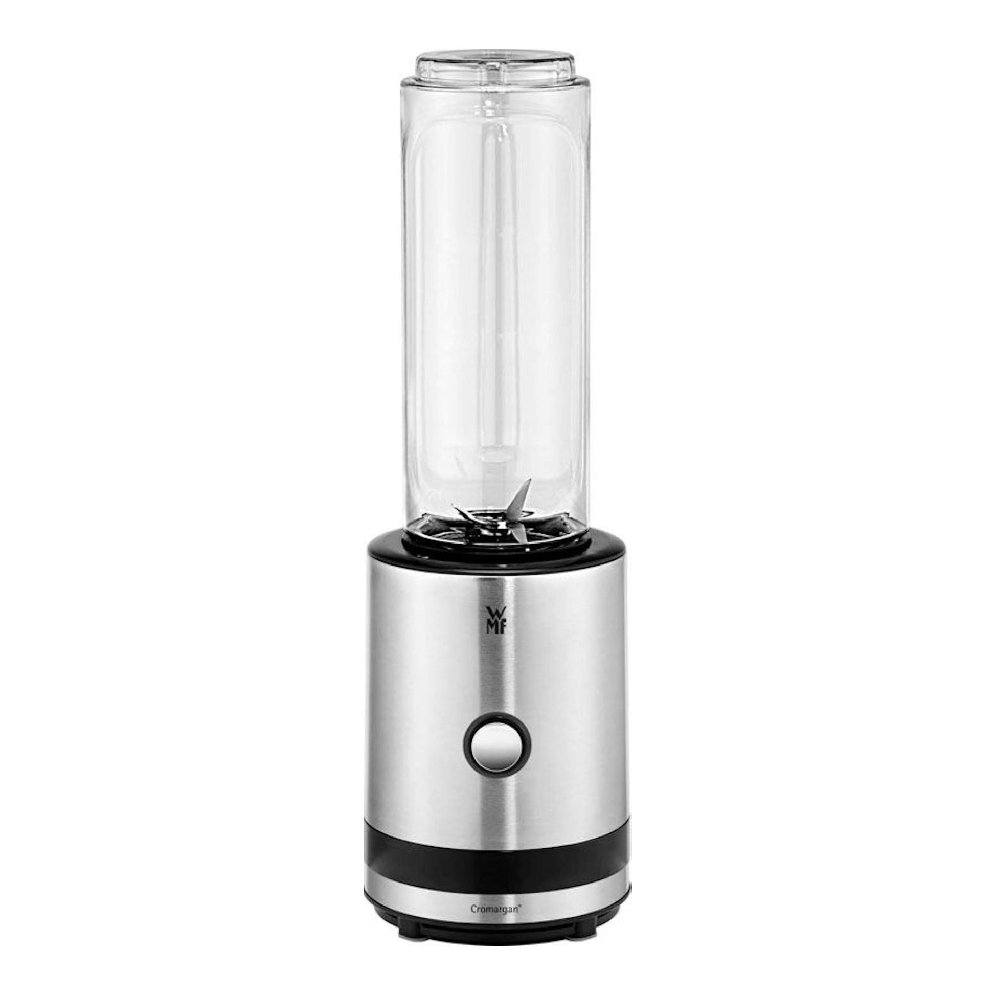 Batidora de vaso WMF Smoothie-to-go de acero inoxidable y vaso transparente, vista frontal.