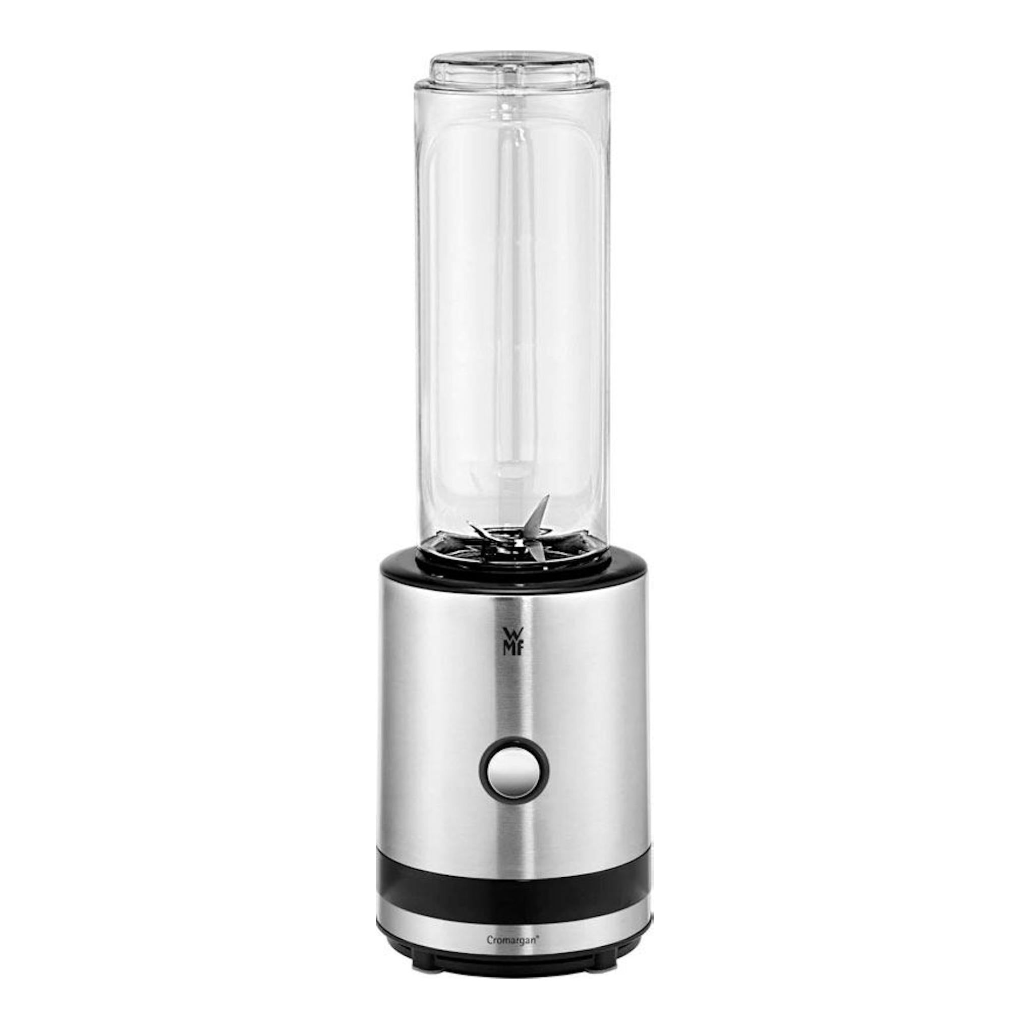 Batidora de vaso WMF Smoothie-to-go de acero inoxidable y vaso transparente, vista frontal.