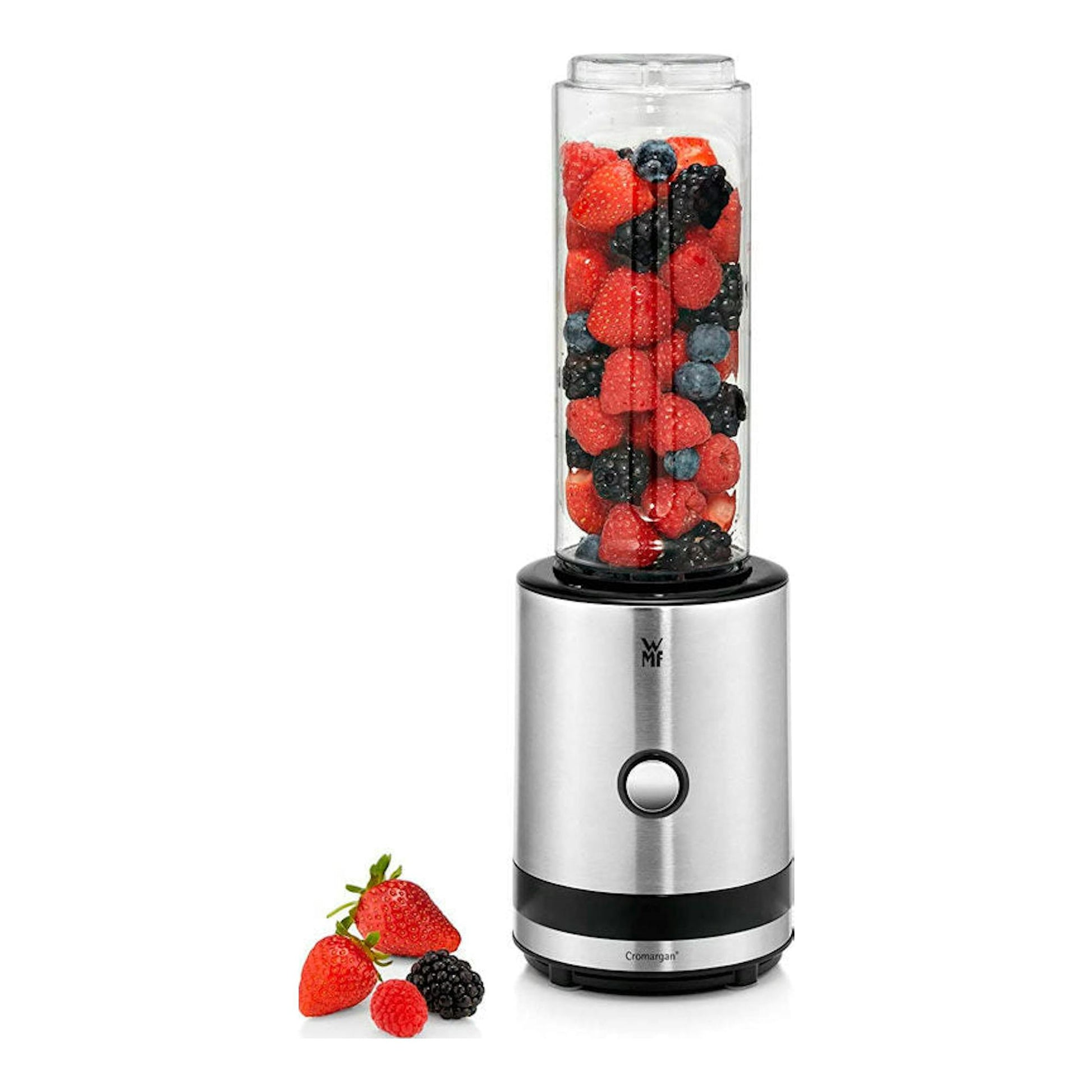 Batidora de vaso WMF Smoothie-to-go de acero inoxidable, vista frontal, con vaso lleno de frutos rojos.