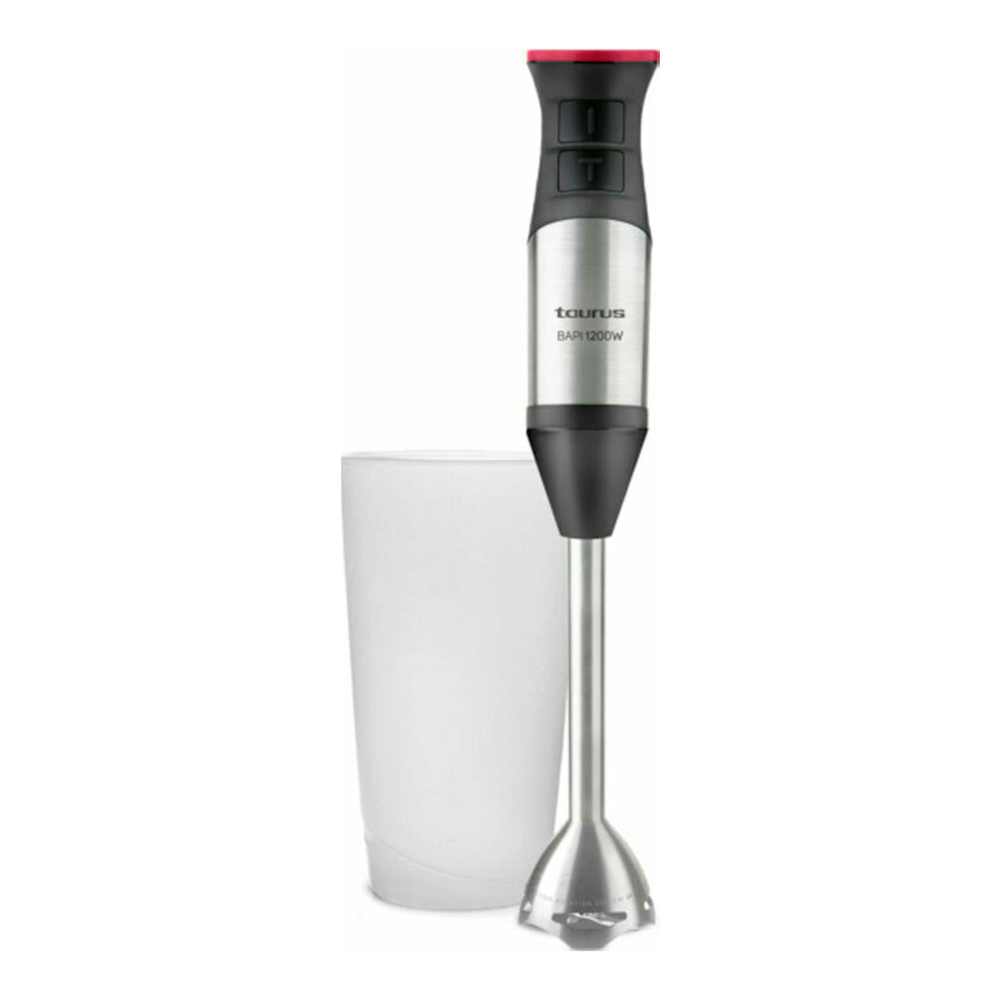 Batidora de mano Taurus Bapi 1200 Inox, negra y acero inoxidable, vista frontal junto a vaso.