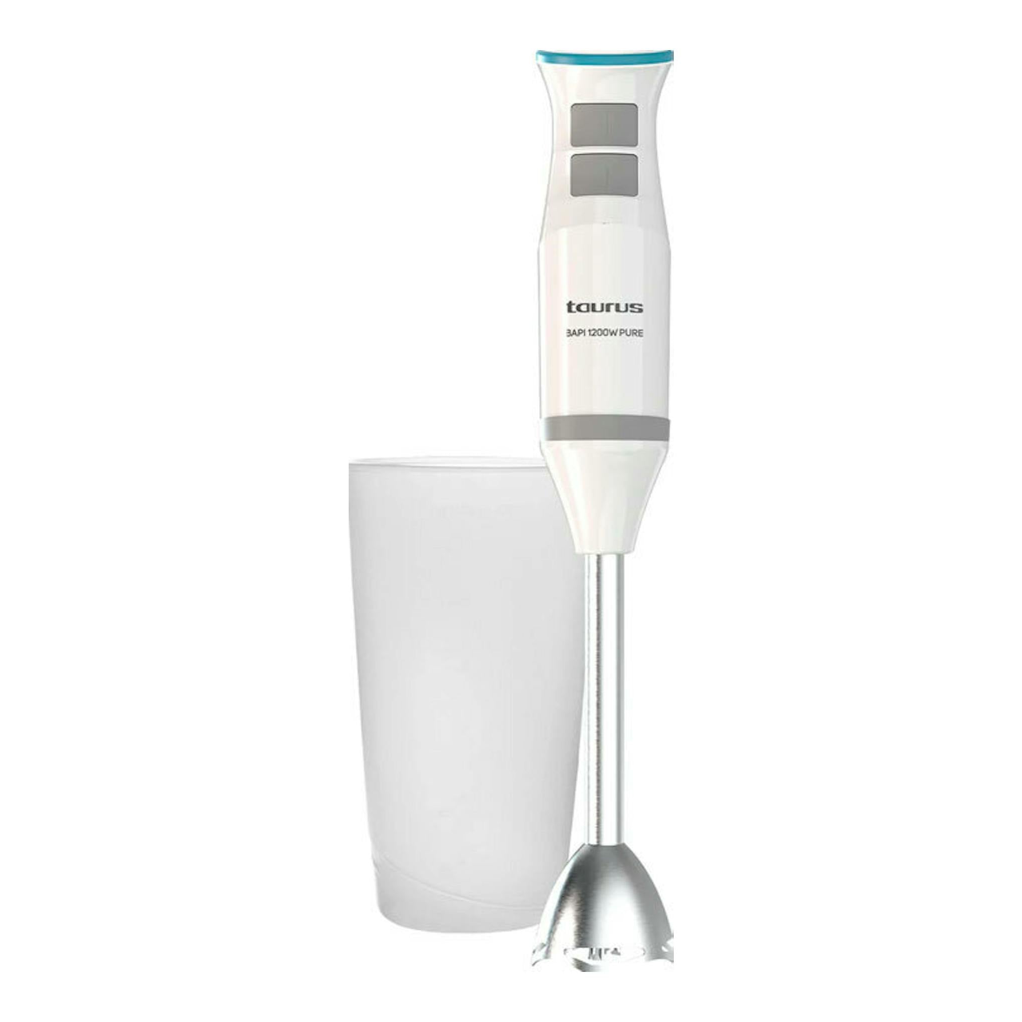 Batidora de mano Taurus Bapi 1200 Pure blanca y plateada, vista frontal, junto a un vaso medidor.