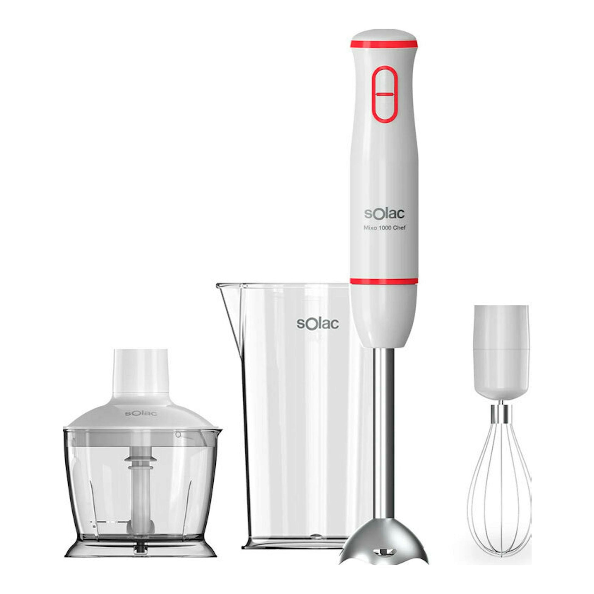 Batidora de mano Solac BA5614 blanca con detalles rojos, con vaso medidor, picadora y varilla.