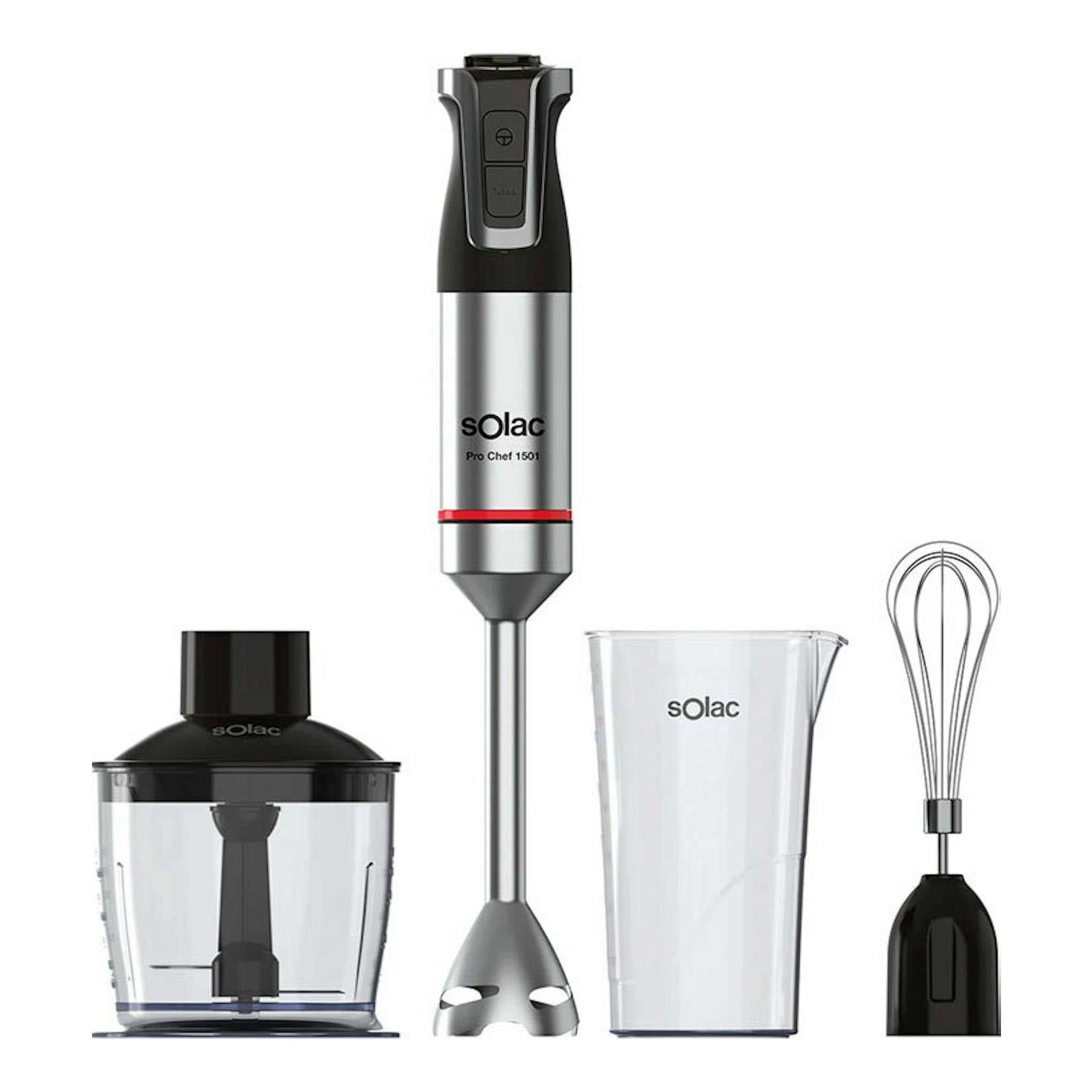 Batidora de mano Solac Pro Chef 1501 negra y plateada, con vaso, picadora y varilla.