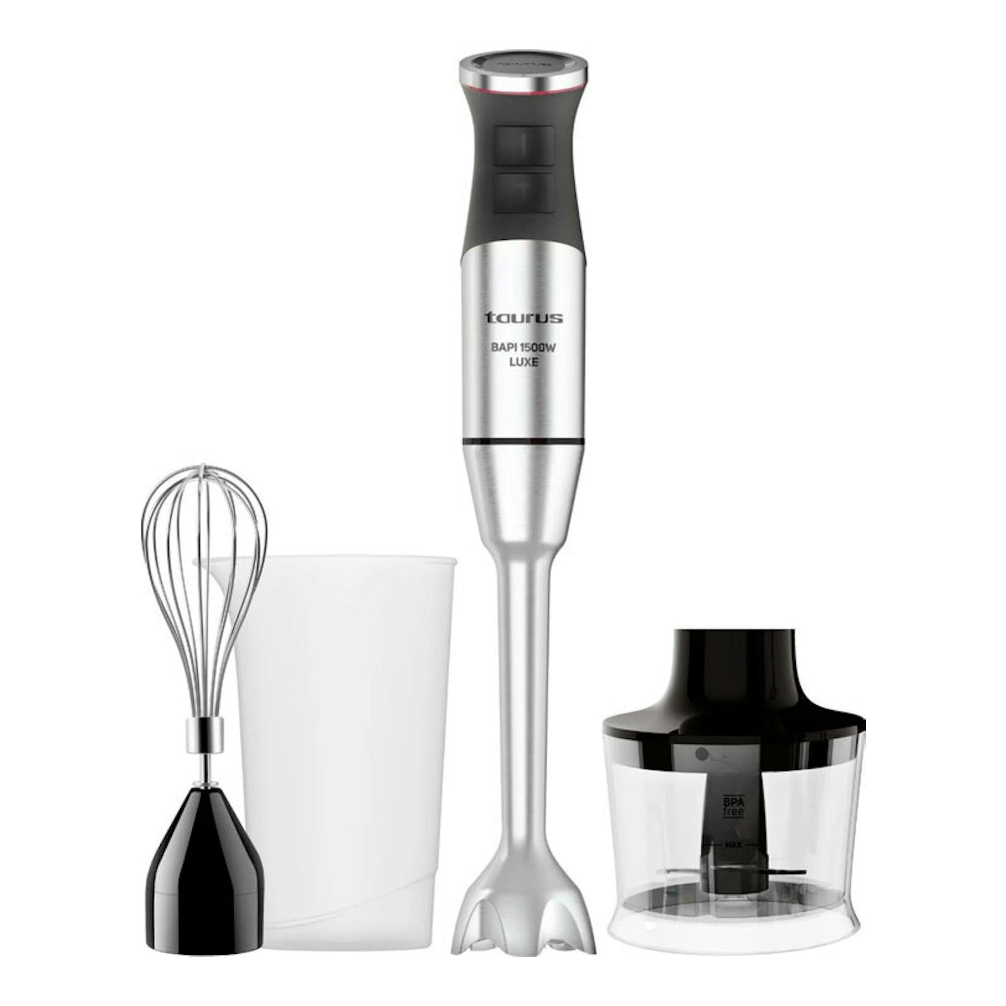Batidora de mano Taurus Bapi 1500W Luxe en acero inoxidable, con varilla, vaso y picadora.