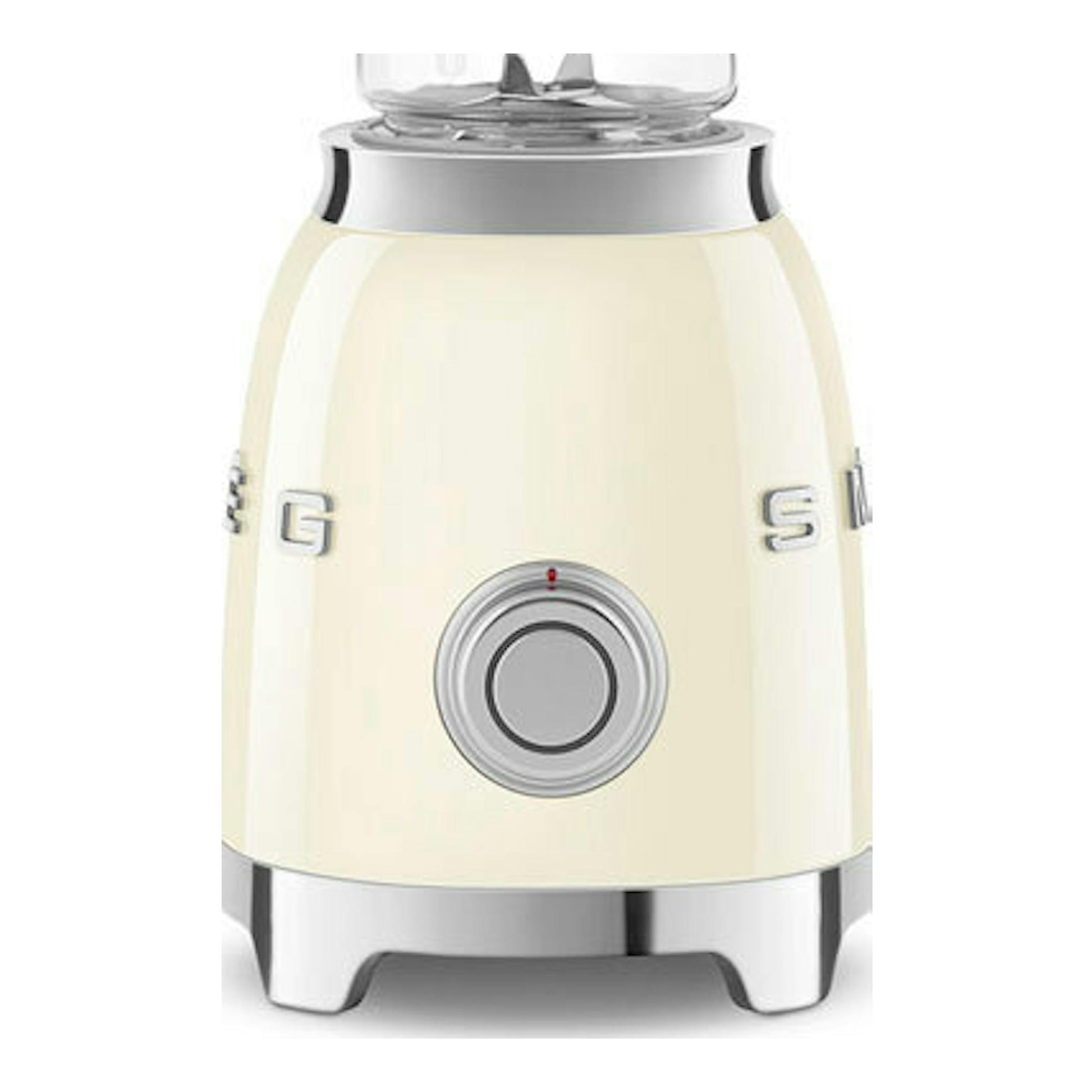 Batidora de vaso Smeg PBF01CREU crema, vista frontal, con vaso transparente y base beige.