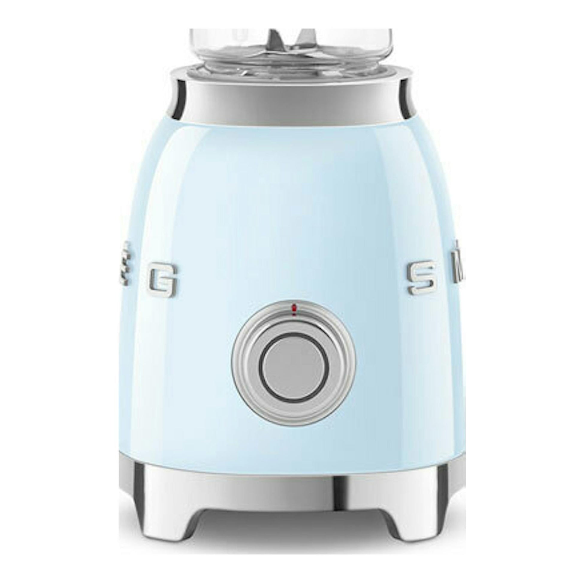 Batidora vaso Smeg PBF01PBEU azul claro, vista frontal, con jarra transparente.