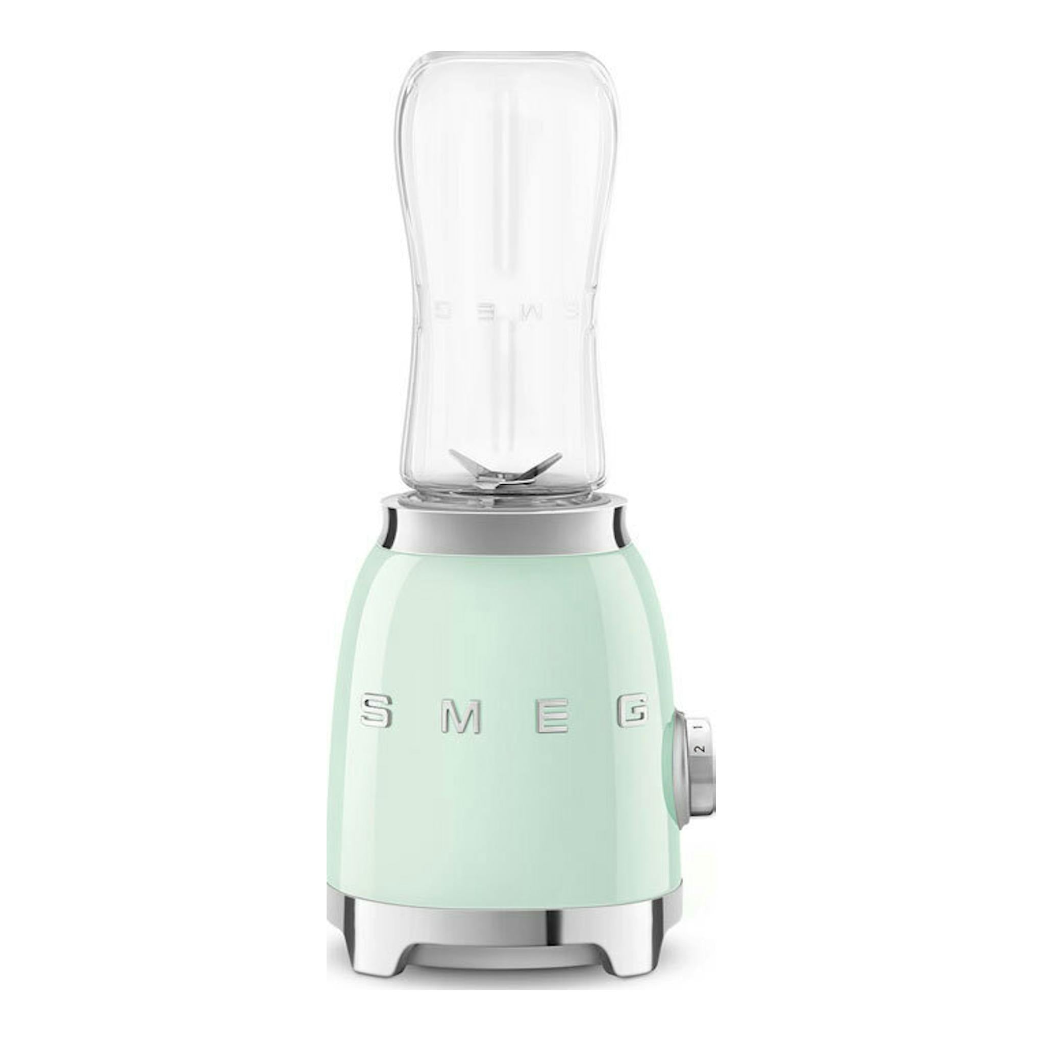 Batidora vaso Smeg PBF01PGEU verde agua, vista frontal, con jarra transparente y base cromada.