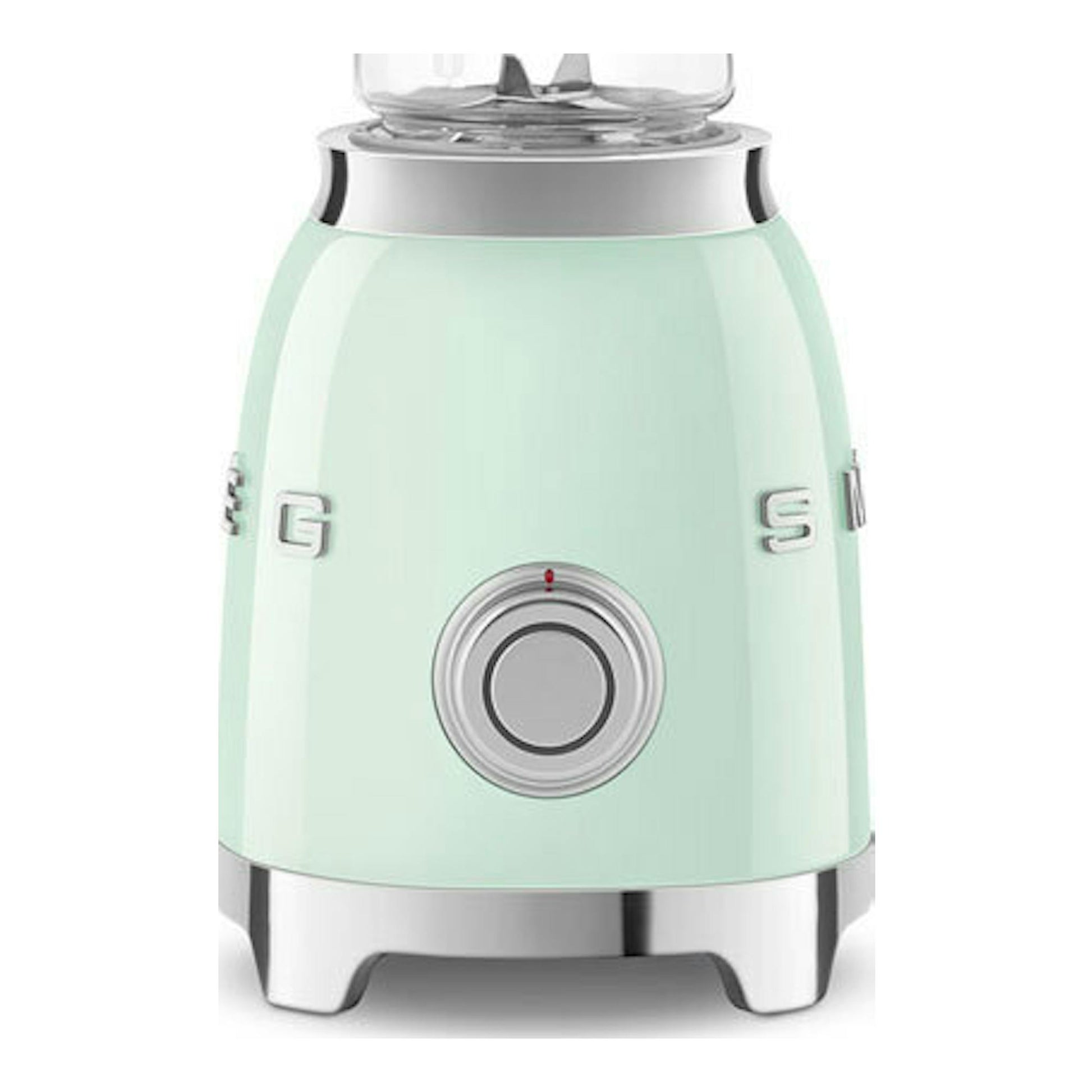 Batidora vaso Smeg PBF01PGEU verde agua, vista frontal, con vaso transparente y base cromada.