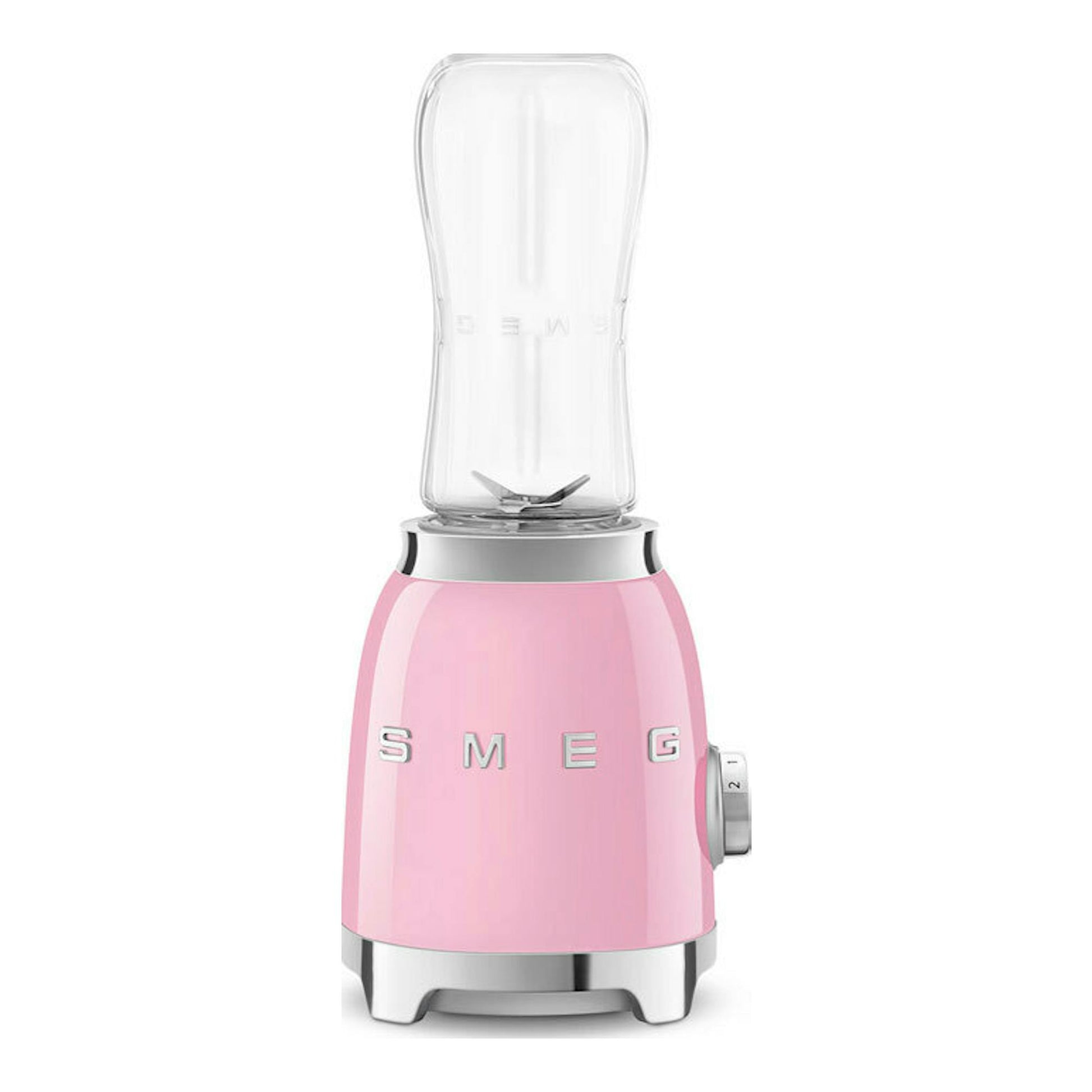 Batidora de vaso Smeg PBF01PKEU rosa, vista frontal, con vaso transparente y base cromada.