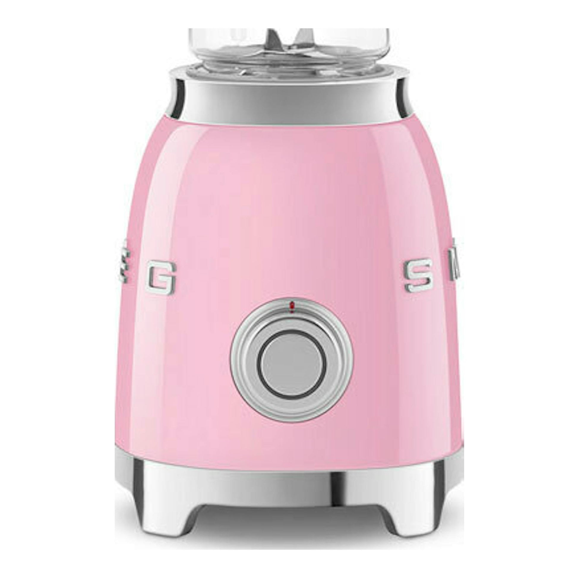 Batidora vaso Smeg PBF01PKEU rosa, vista frontal, con vaso transparente y base rosa.