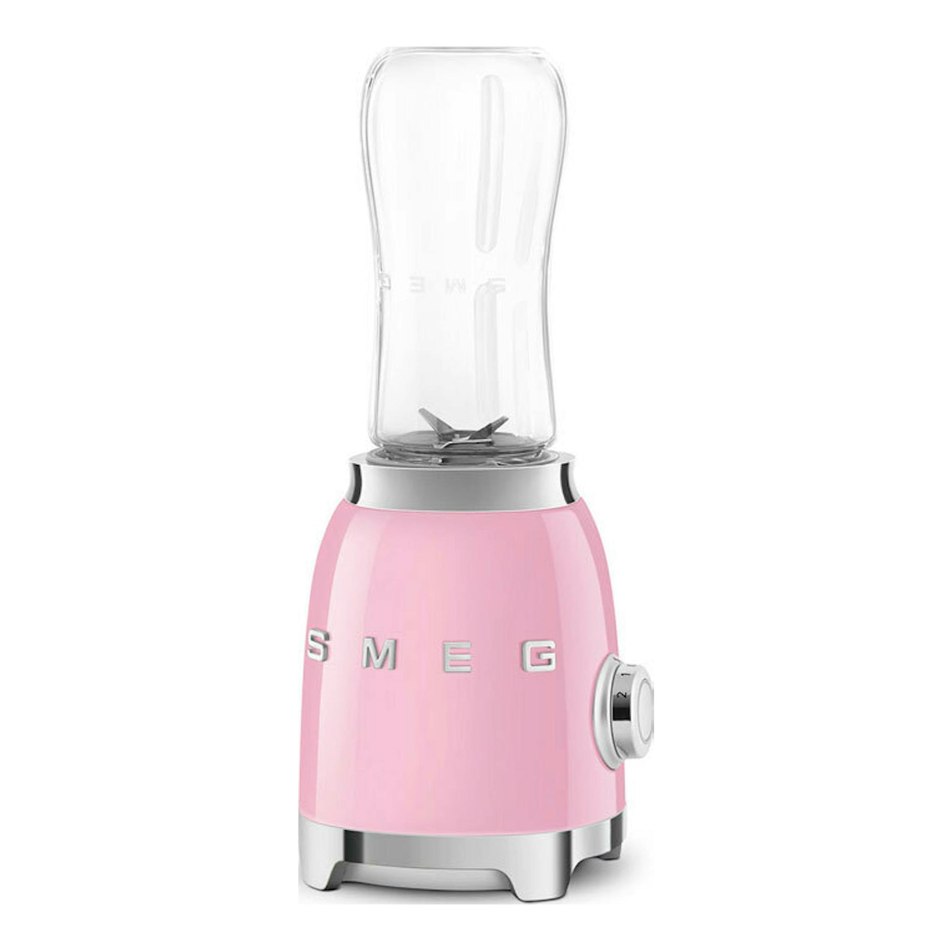 Batidora de vaso Smeg PBF01PKEU rosa, vista frontal con vaso transparente y base cromada.