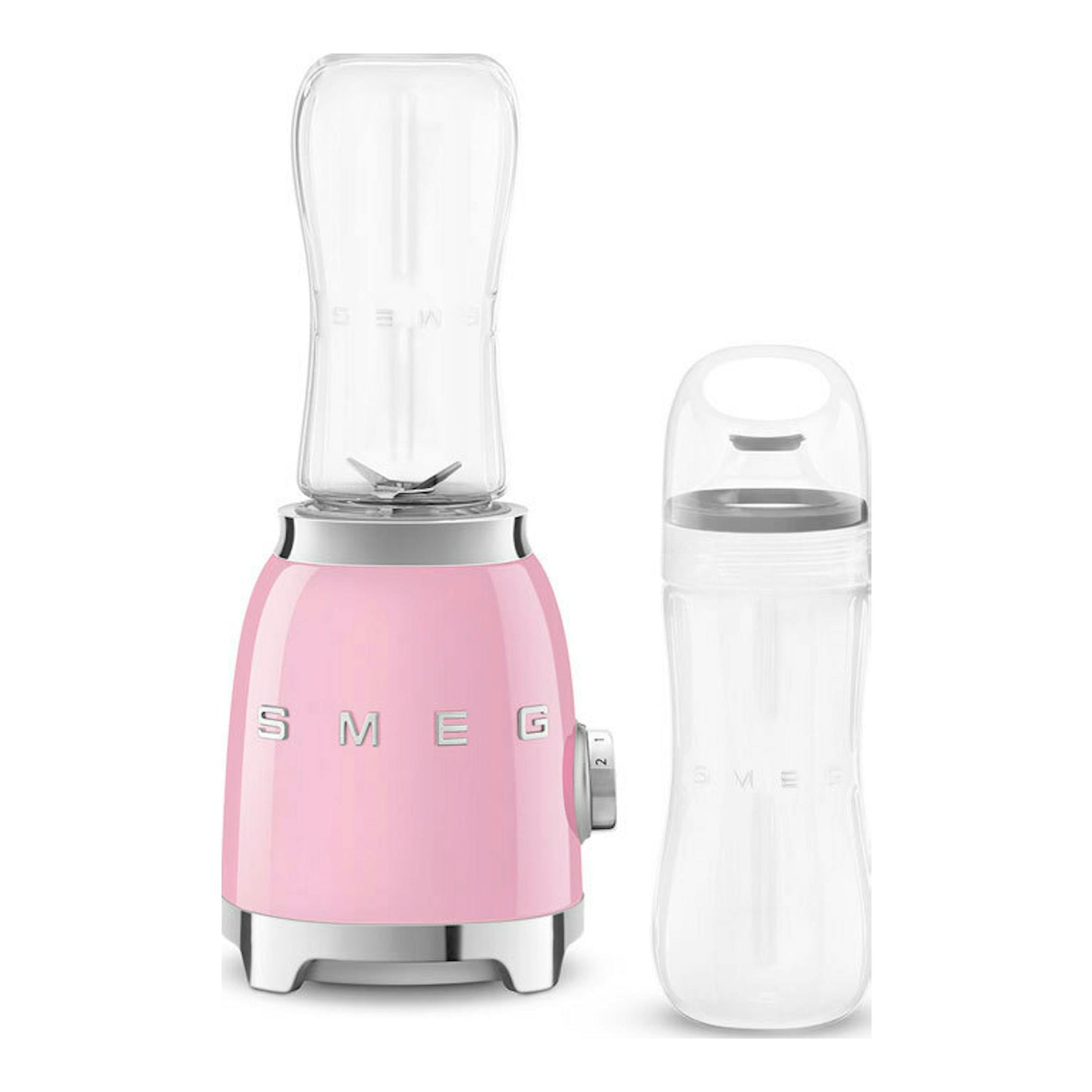 Batidora de vaso Smeg PBF01PKEU rosa, vista frontal, con jarra y botella transparentes.