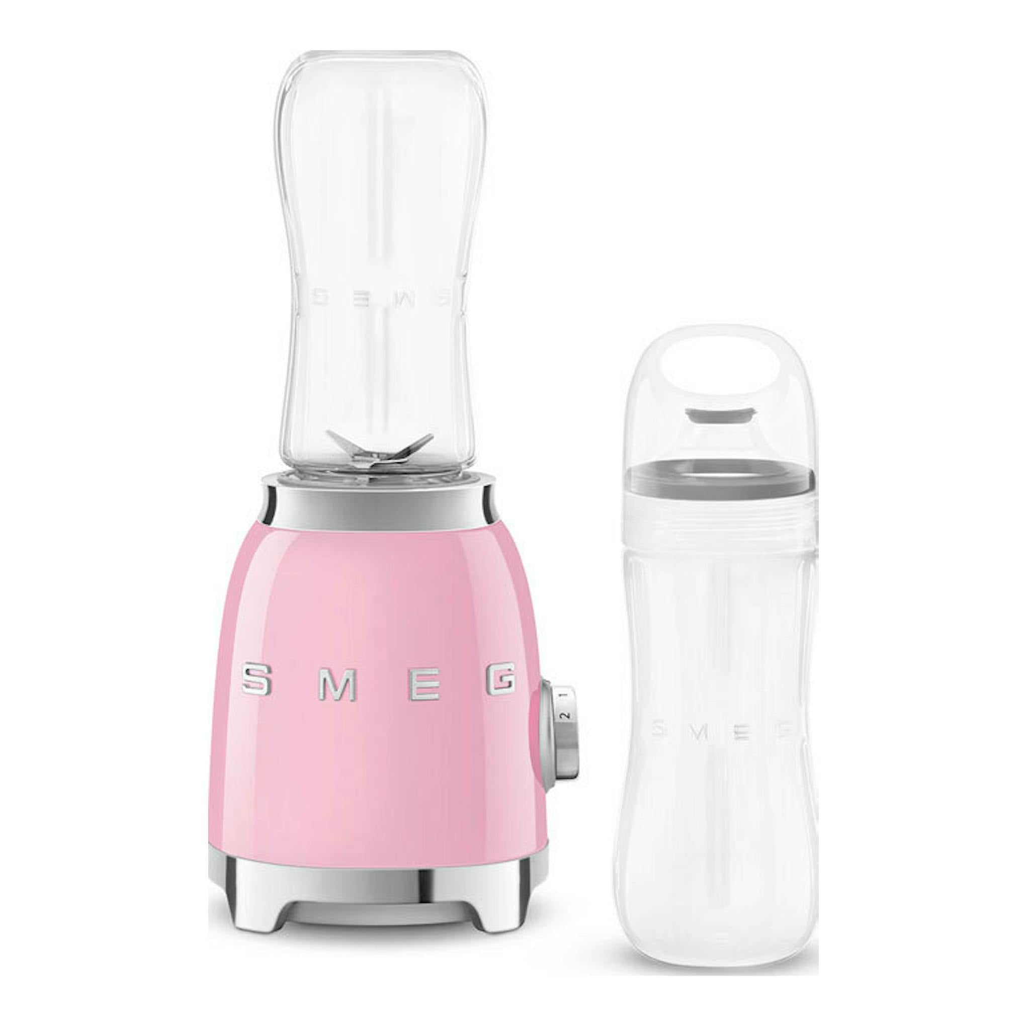 Batidora de vaso Smeg PBF01PKEU rosa, vista frontal, con jarra y botella transparentes.