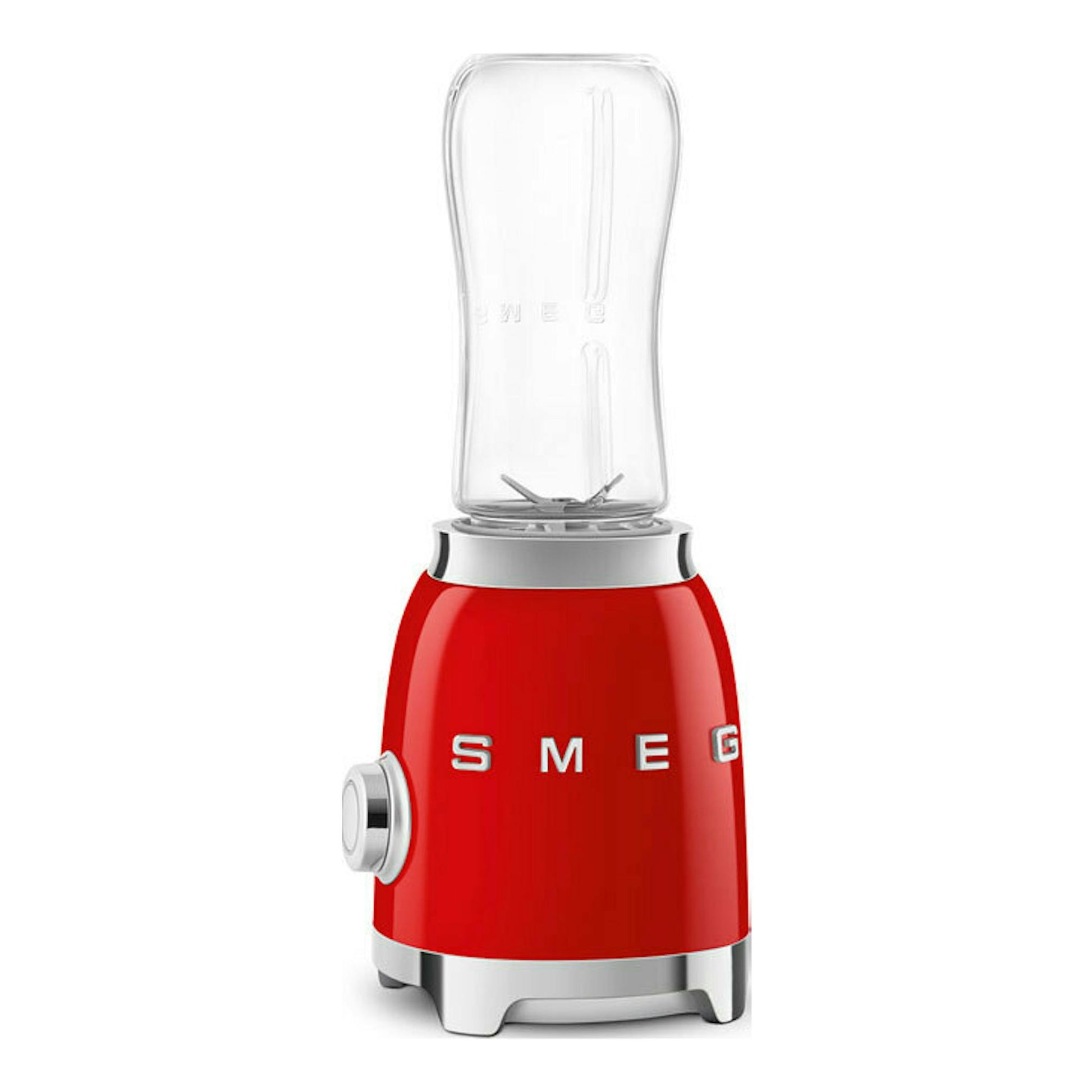 Batidora vaso Smeg PBF01RDEU roja, vista frontal, con vaso transparente y base roja con detalles plateados.