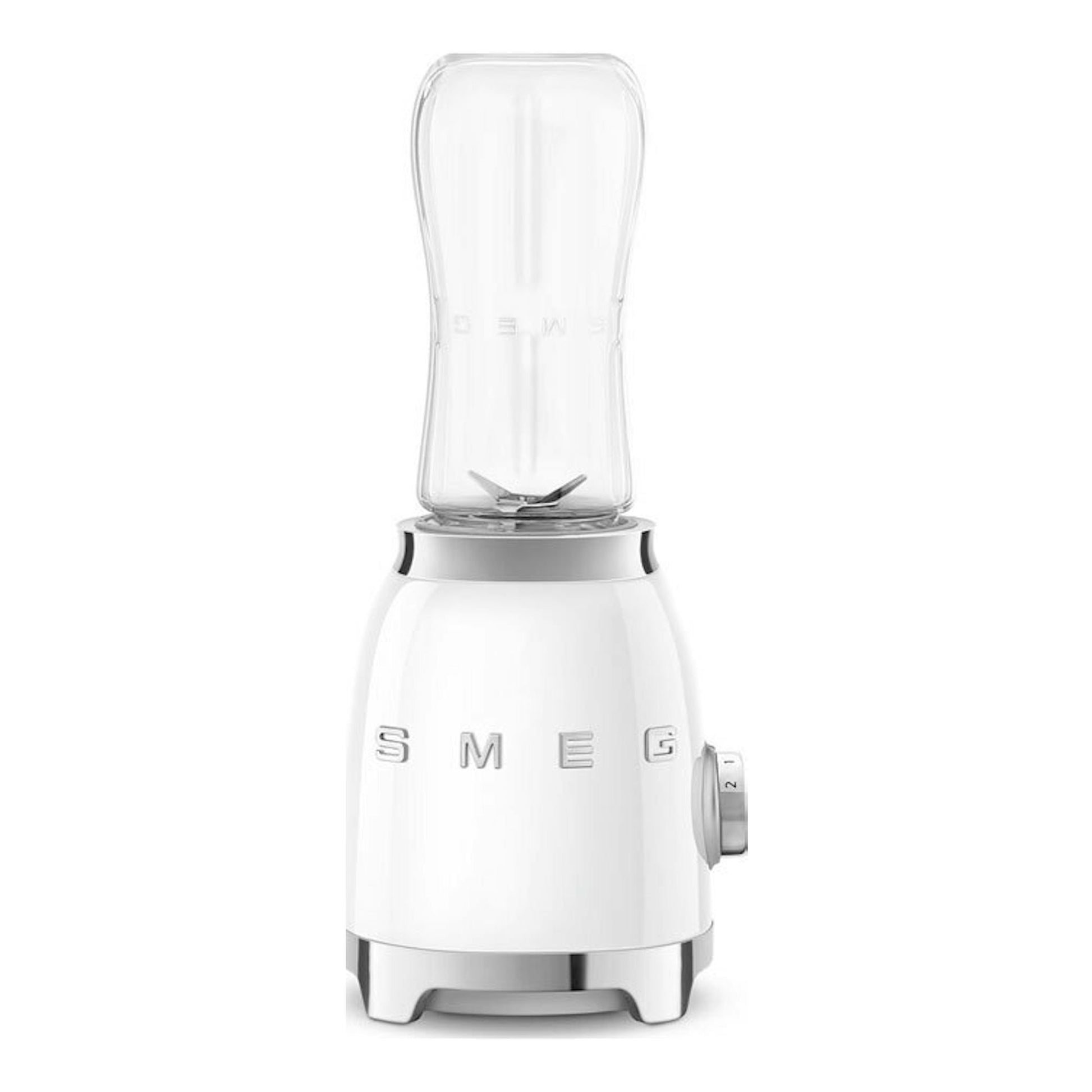 Batidora vaso Smeg PBF01WHEU blanca, vista frontal, con jarra transparente y base blanca.