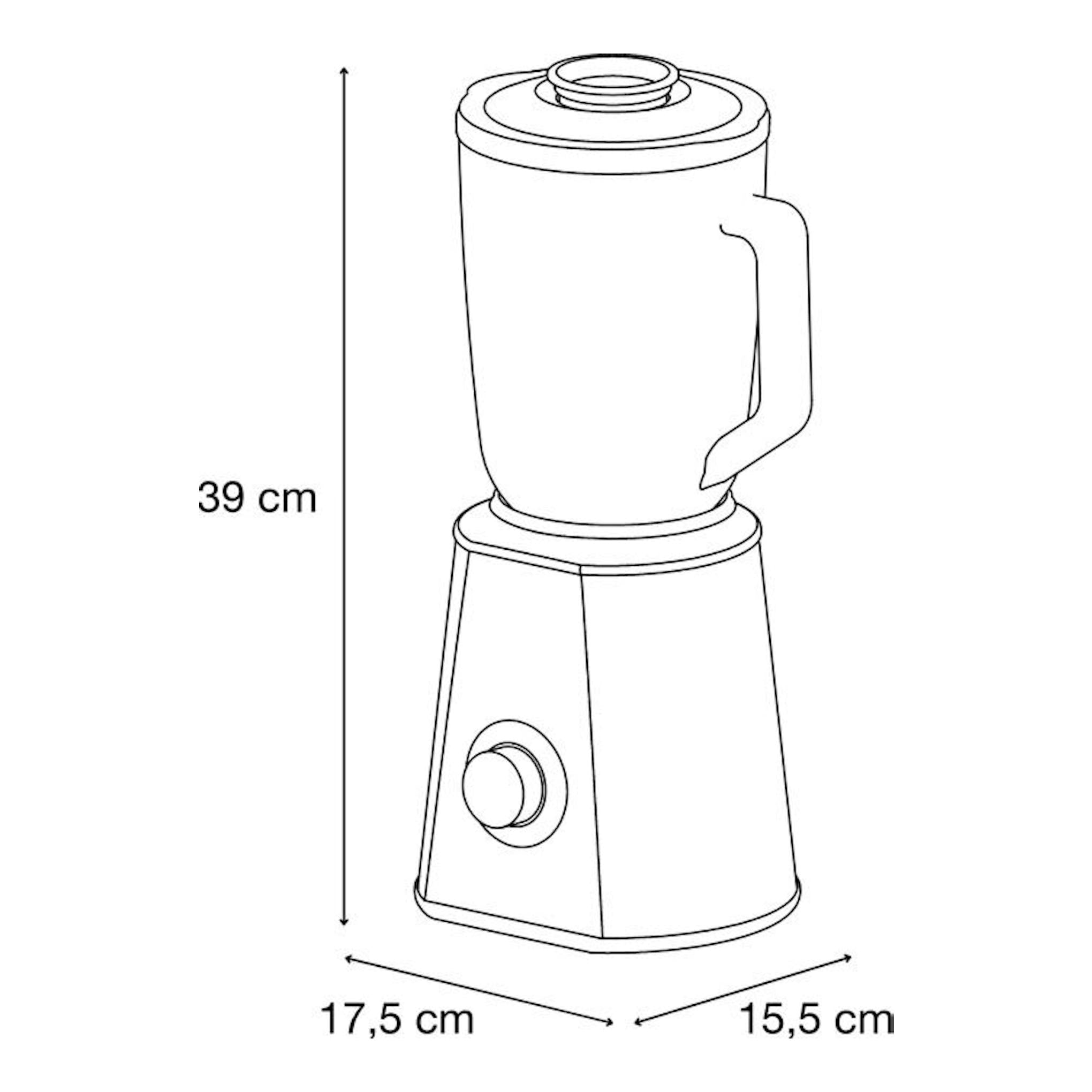 Batidora de vaso Solac BV5728, vista frontal en blanco, con medidas 39 cm x 17,5 cm x 15,5 cm.