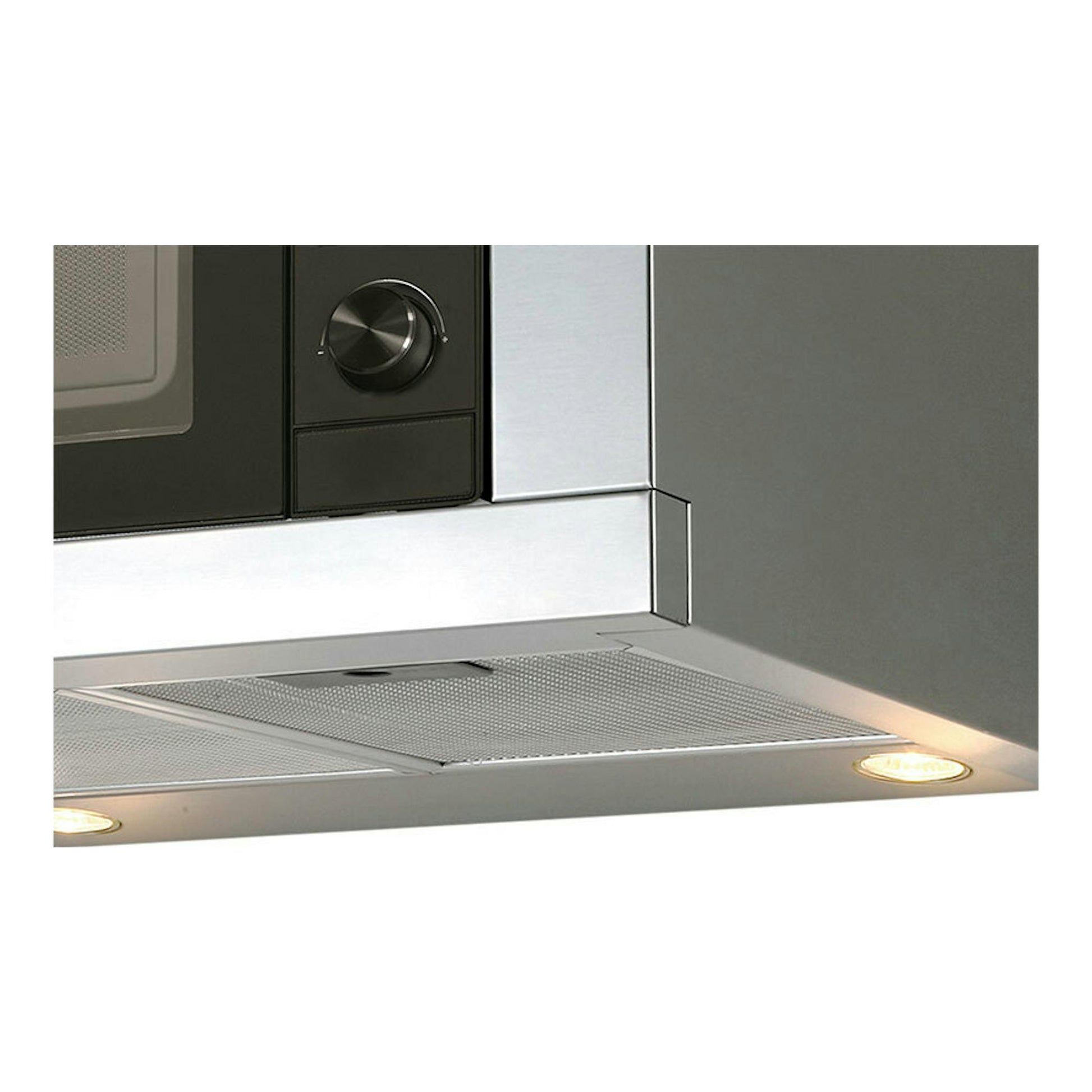 Campana extractora Cata Chorus XBK/C de inox, vista inferior con panel de control y luces encendidas.