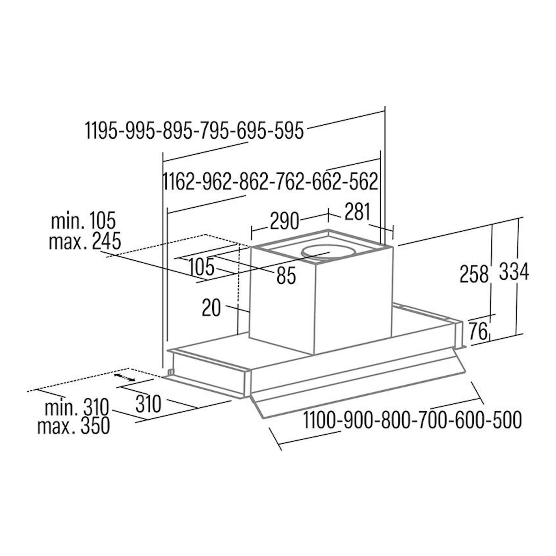 Plano técnico en blanco y negro de campana integrable Cata Corona/C Cristal Negro 60 cm, con medidas.