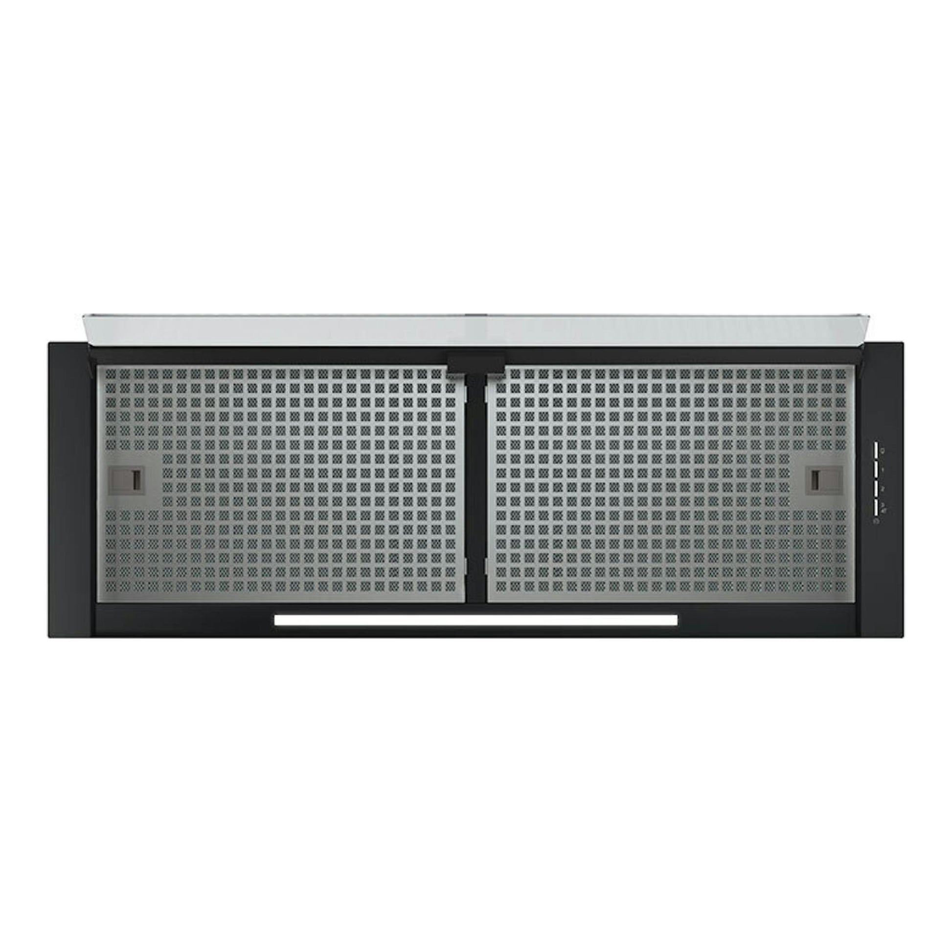 Campana integrable Cata Corona/C de 90 cm, vista frontal, en cristal negro y acero inoxidable.