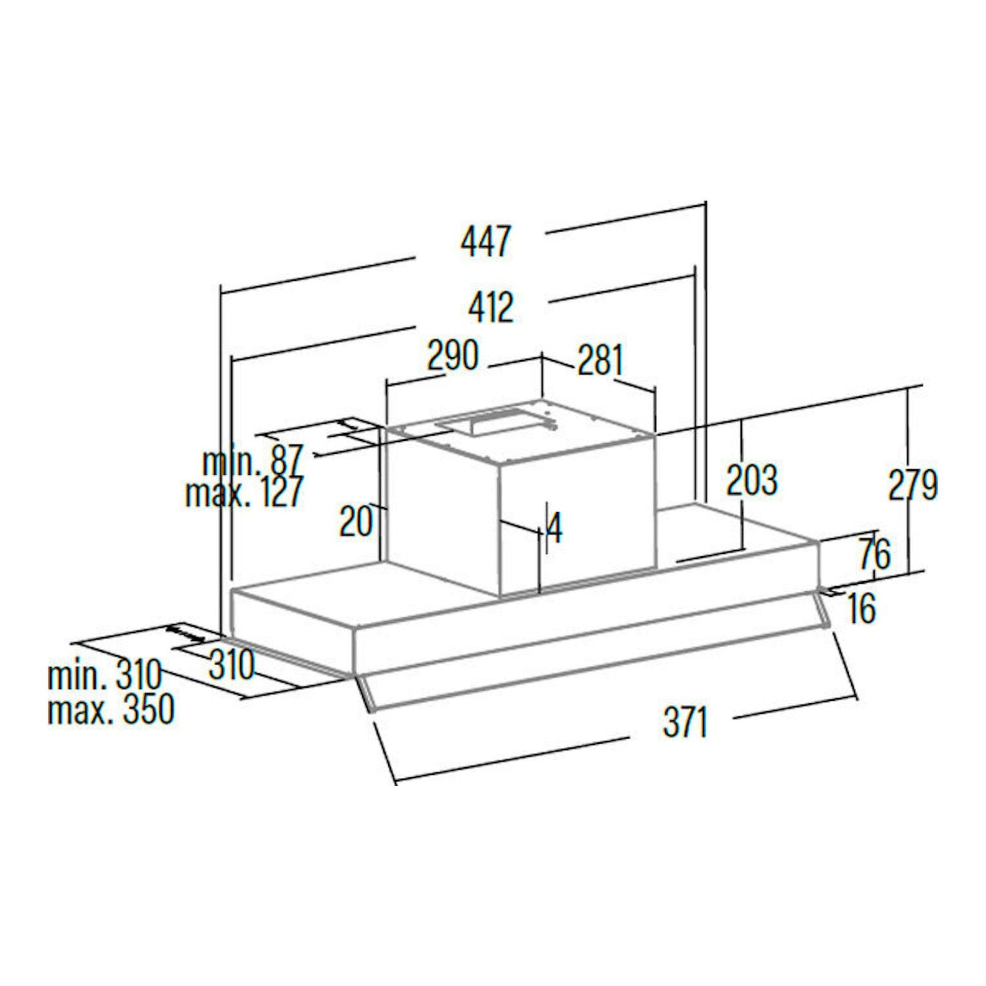 Plano técnico de la campana integrable Cata Armonia/C Inox de 45 cm, vista isométrica con medidas.